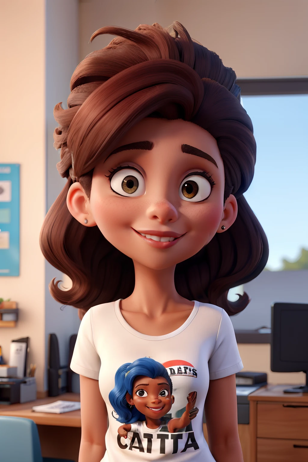 Mulher mulata de cabelos curtos cacheados, com camiseta de rock
