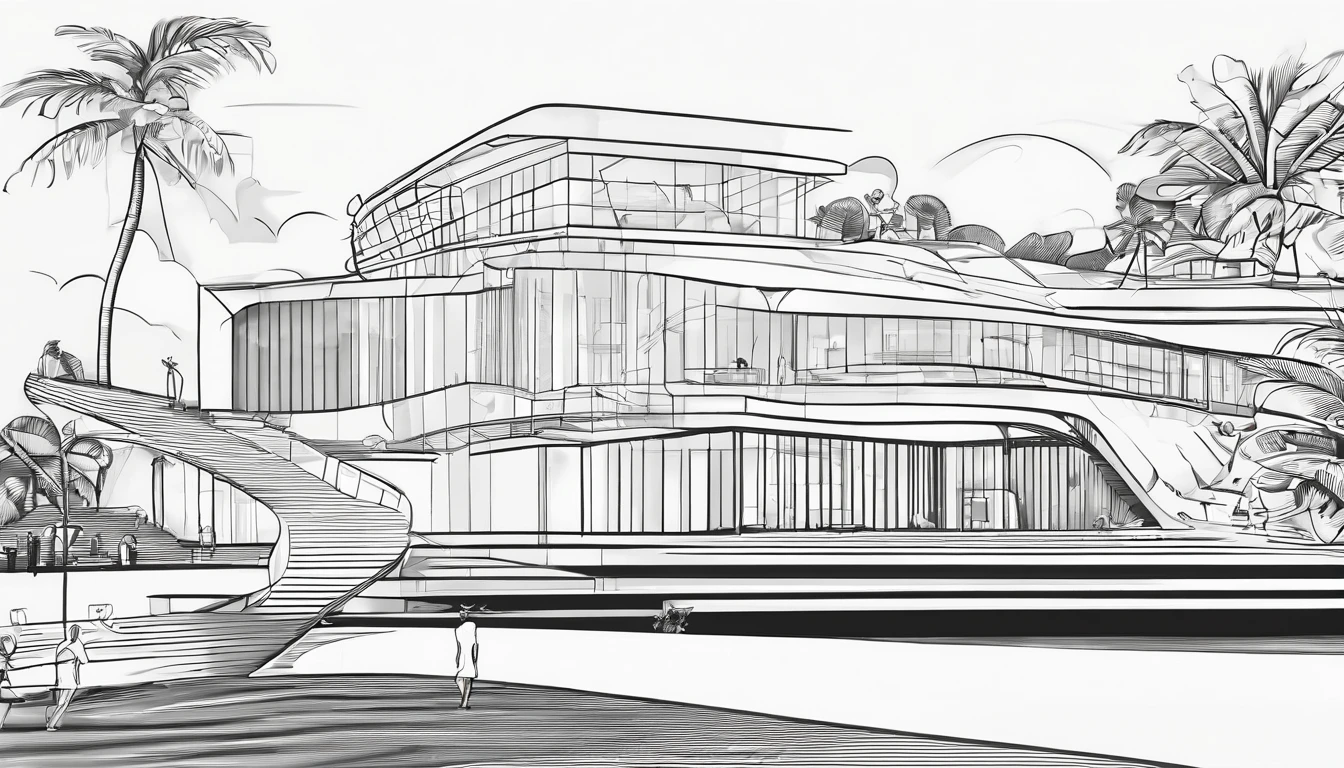 Niterói - Rio de Janeiro in line art. Highlight the Museum of Contemporary Art (MAC), up front view, frontage, high definition, masterpiece, best quality