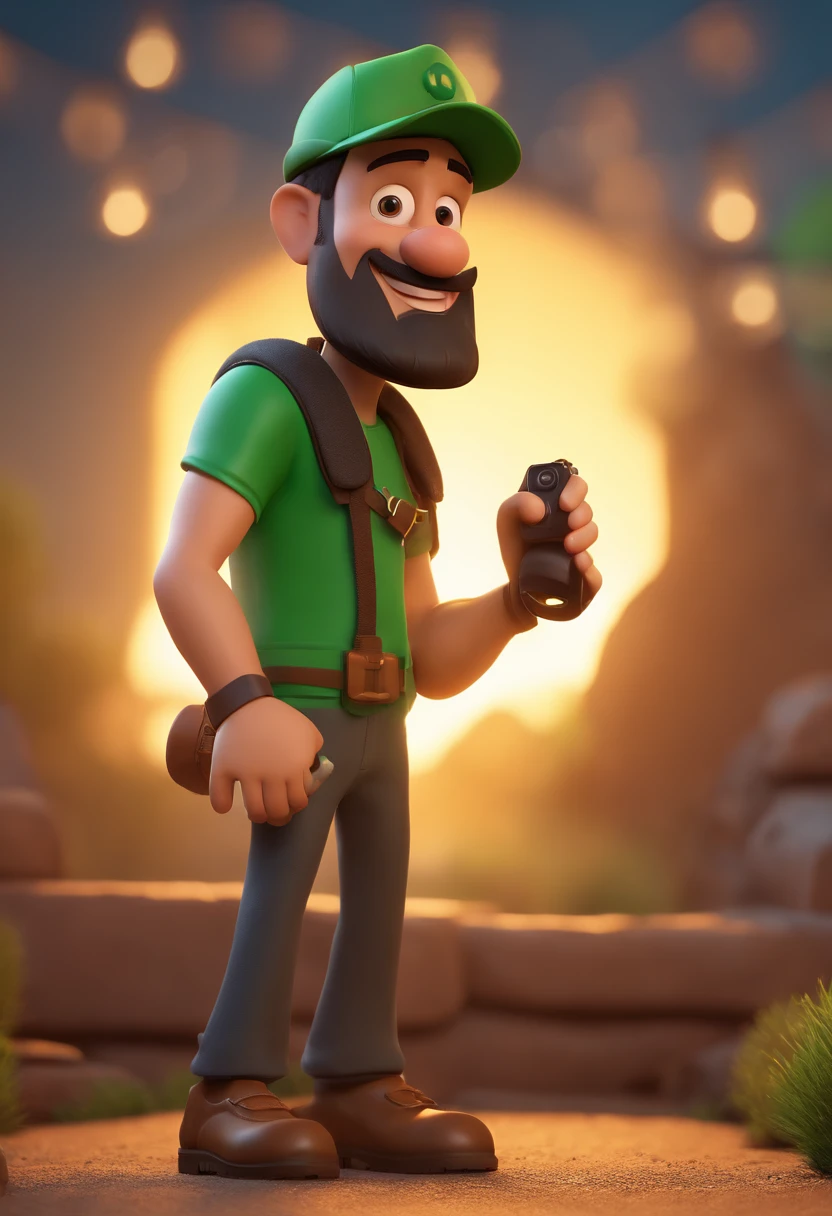 Cartoon character of a bearded man wearing black cap and a green shirt holding a camera, um personagem animado, Caractere estilizado, animation style rendering, 3D estilizado, Arnold Maya render, 3 d render stylized, toon render keyshot, Personagem 3D, Personagem 3D, 3d rendering stylized, 3 d character render, personagem de desenho animado, Personagem de close up, Pose de personagem, (Estilo Pixar) (master part:1.2) (Bokeh) (best quality) (pele detalhada) (textura detalhada) (8k) (argila) (Cinematic lighting) (foco nítido,Senta e vaza a parte superior do corpo