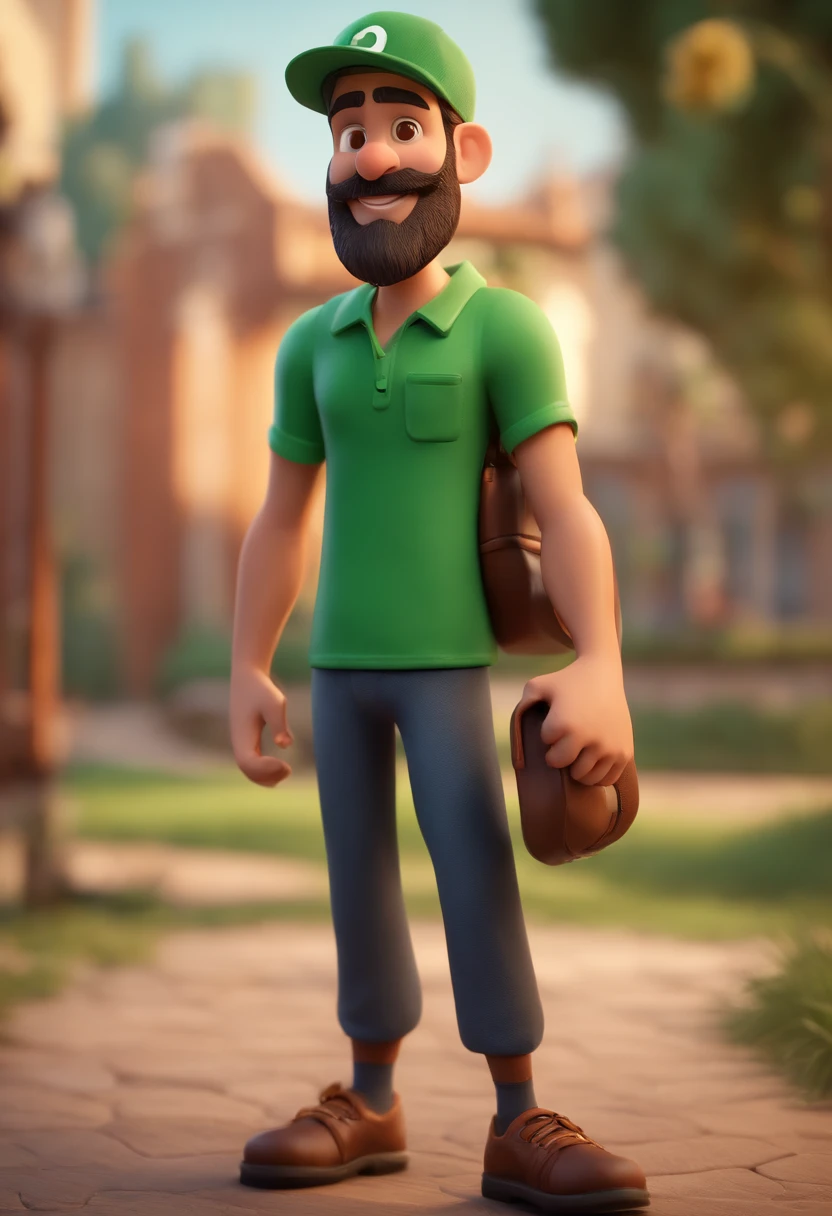 Cartoon character of a bearded man wearing black cap and a green shirt holding a camera, um personagem animado, Caractere estilizado, animation style rendering, 3D estilizado, Arnold Maya render, 3 d render stylized, toon render keyshot, Personagem 3D, Personagem 3D, 3d rendering stylized, 3 d character render, personagem de desenho animado, Personagem de close up, Pose de personagem, (Estilo Pixar) (master part:1.2) (Bokeh) (best quality) (pele detalhada) (textura detalhada) (8k) (argila) (Cinematic lighting) (foco nítido,Senta e vaza a parte superior do corpo