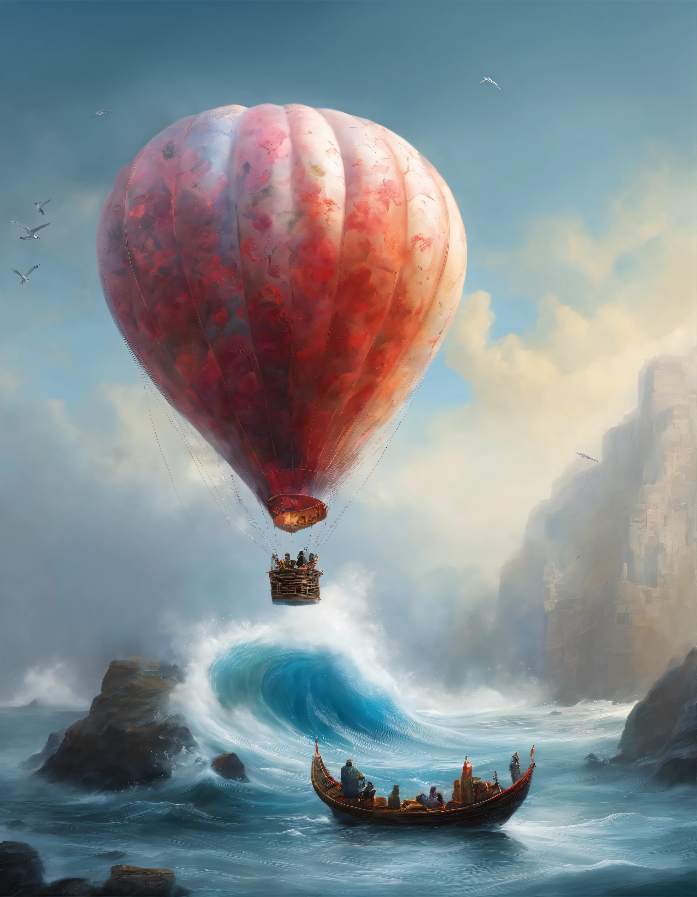 (Two cranes fly out of a hot air balloon made of a blue and white porcelain vase), (Blue and white porcelain vase:1.37),Blue pattern,This type of hot air balloon is not like modern hot air balloons,It doesn't have bright colors,There is no modern design,But it has a strong quaint vibe,Peony flower,Crane, (Two cranes flutter in the morning breeze:1.37),The gaze is deep and warm,Silent Mountain,Twinkle in the morning light, azure sea, White waves crash against the rocks,, beautiful sky ,Photography,Clear facial features, Ice sculpture art style,3D rendering of character concept art,A beautiful painting by Stephen Shore,Ukiyo-e art,Pixar style,The work of Furuhiko,Masterpiece,Encaustic painting,An atmosphere of happiness,Romantic atmosphere,Depth of field (degrees of freedom),boobs shot(mcu),Bottom view,Beautiful lighting, --Original style