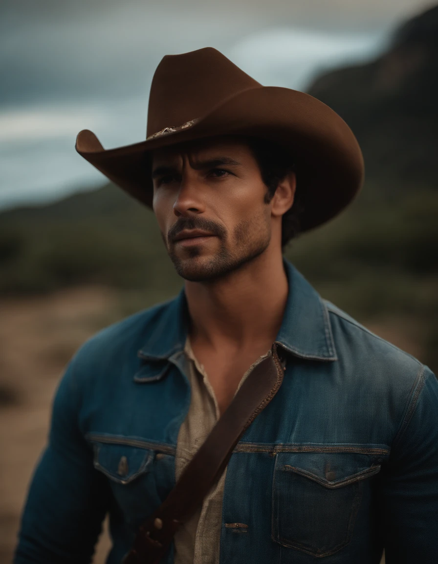 cinematic portrayal, ((parte superior do corpo)), facing the audience, (realidade :1.3), Foto de arte mais bonita do mundo, A man looks at the camera, Looks jeans vintage, Cowboy ocidental, rosto bonito detalhado, action shot, (intrincado :1.4), Fundo ocidental, fotografia realista, Durante o dia, CG, Stand de Arte