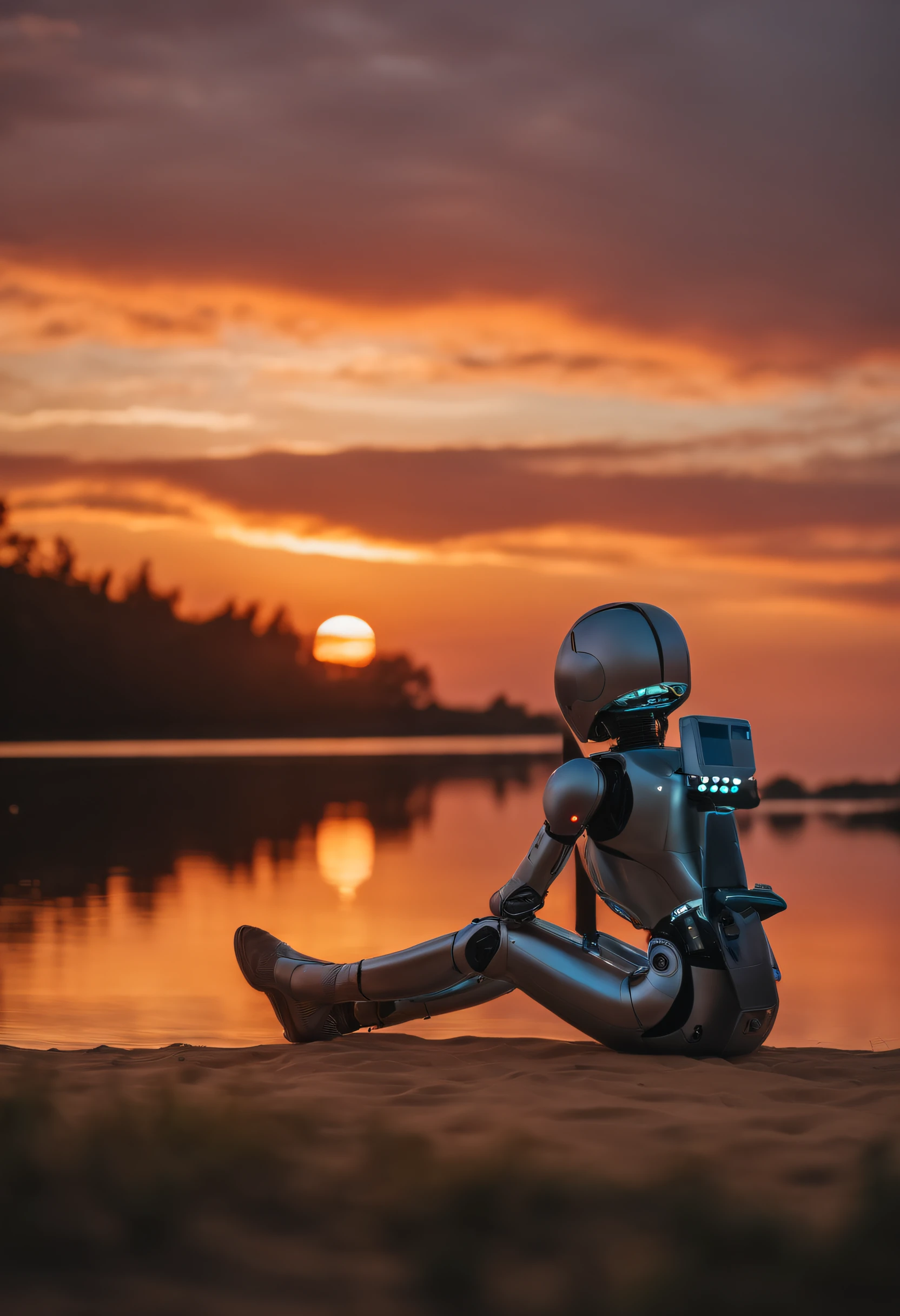  human girl sitting on her back watching a beautiful sunset and sitting next to her an android robot