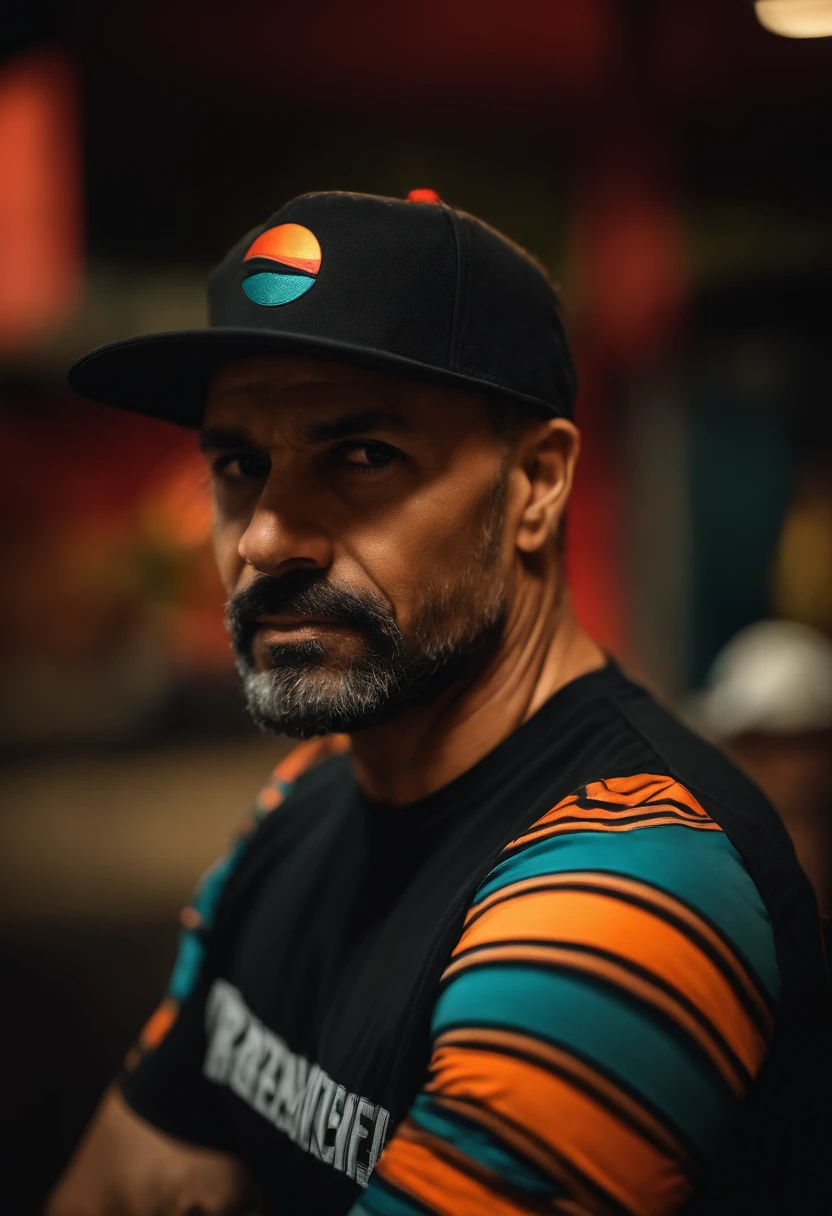 Imagem de um homem de 44 anos, wearing cap, camiseta preta com o logo da marca revanche,