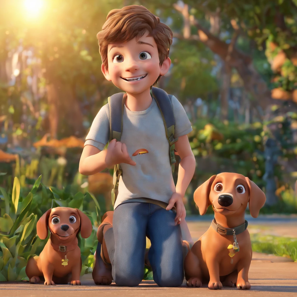 Lucas is a smiling -yeld hu boy, com seu fiel amigo, Bolt, o cachorro, daschund,deitados no jardim.