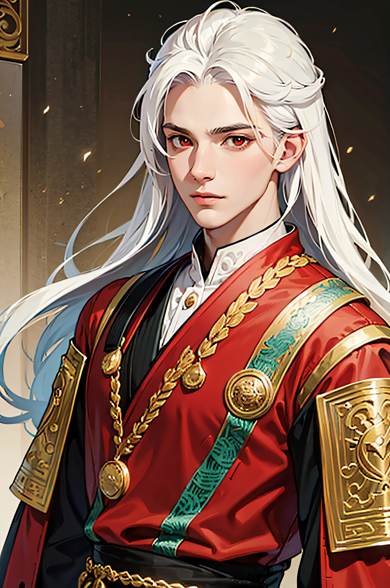 masterpiece, best quality, ultra-detailed, semi-realistic, detailed facial features, 1boy, white hair, long hair, red eyes, deer horns, dragon guy, wearing a detailed and intricate ancient battle clothes