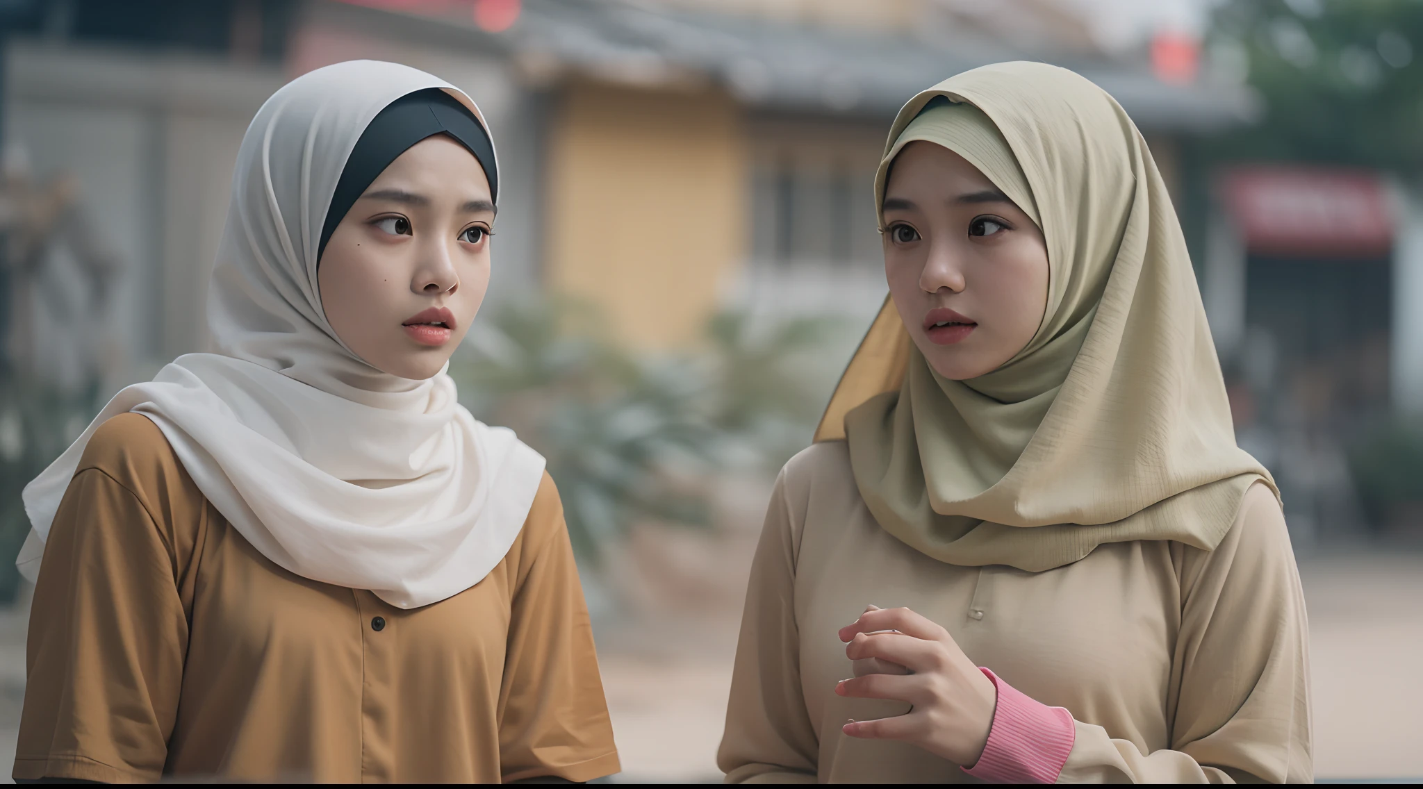 a film still of 2 malay girl in hijab in sport attire having an argument in malay village, raise hand, photo taken using Panavision DXL2, 28mm lens, Establishing shot, muted color grading, cinemascope, drama, high quality, ultra detailed, 8k resolution,