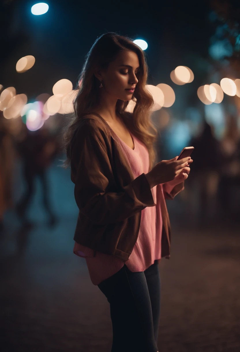 Beautiful woman, street at night with lights, fiddling with smartphone, hot pants, fragrant pink flowers, passers-by, gradation of night scene, fine details, subtle tones, tranquility floating on the screen.