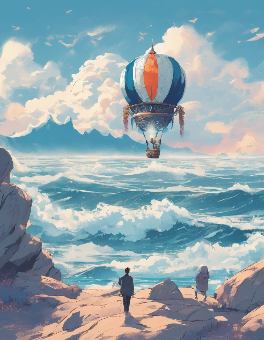 (Two cranes fly out of a hot air balloon made of a blue and white porcelain vase), (Blue and white porcelain vase:1.37),Blue pattern,This type of hot air balloon is not like modern hot air balloons,It doesn't have bright colors,There is no modern design,But it has a strong quaint vibe,Peony flower,Crane, (Two cranes flutter in the morning breeze:1.37),The gaze is deep and warm,Silent Mountain,Twinkle in the morning light, azure sea, White waves crash against the rocks,, beautiful sky ,Photography,Clear facial features, Ice sculpture art style,3D rendering of character concept art,A beautiful painting by Stephen Shore,Ukiyo-e art,Pixar style,The work of Furuhiko,Masterpiece,Encaustic painting,An atmosphere of happiness,Romantic atmosphere,Depth of field (degrees of freedom),boobs shot(mcu),Bottom view,Beautiful lighting, --Original style