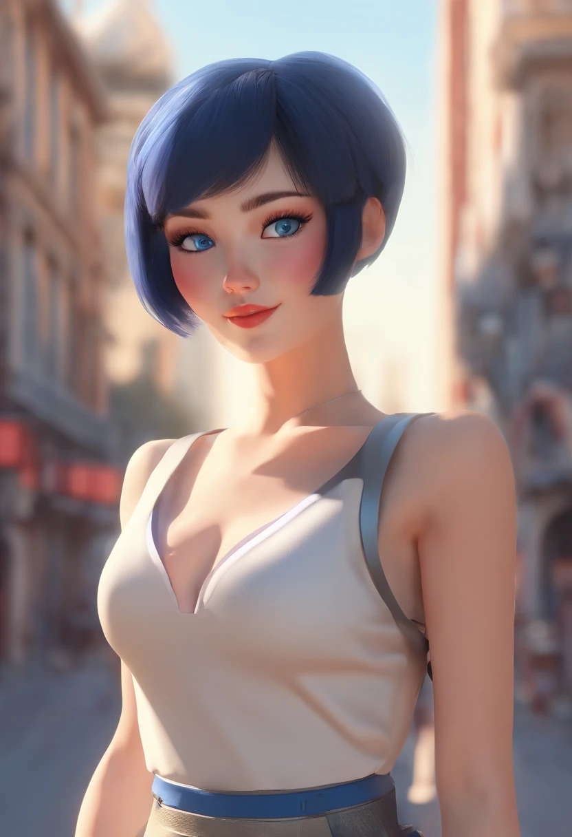 1girl, short black hair, blue eyes, wearing plain white shirt, mini skirt, city, absurdres, high res, ultrasharp, 8K, masterpiece fat butt