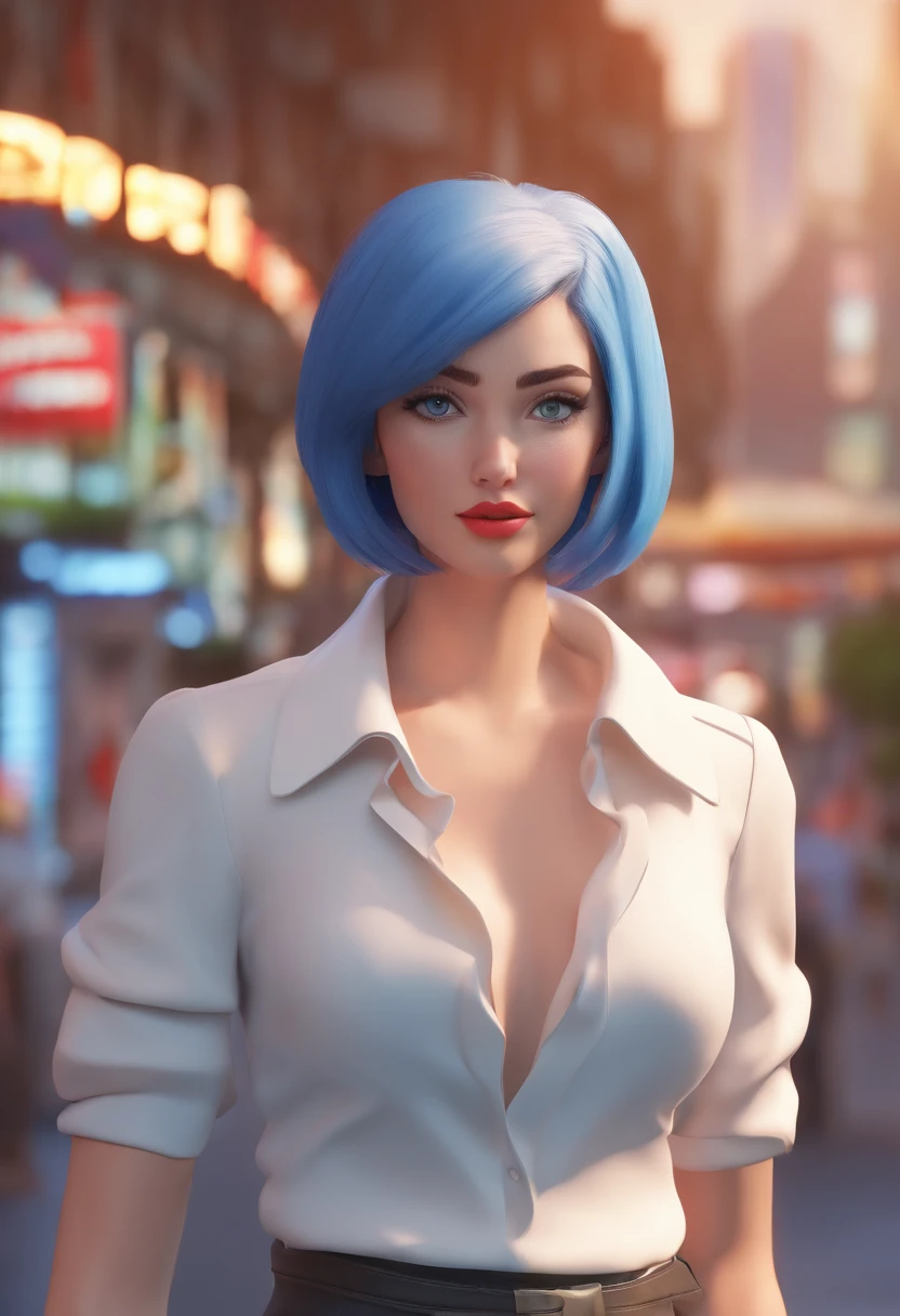 1girl, short black hair, blue eyes, wearing plain white shirt, mini skirt, city, absurdres, high res, ultrasharp, 8K, masterpiece fat butt