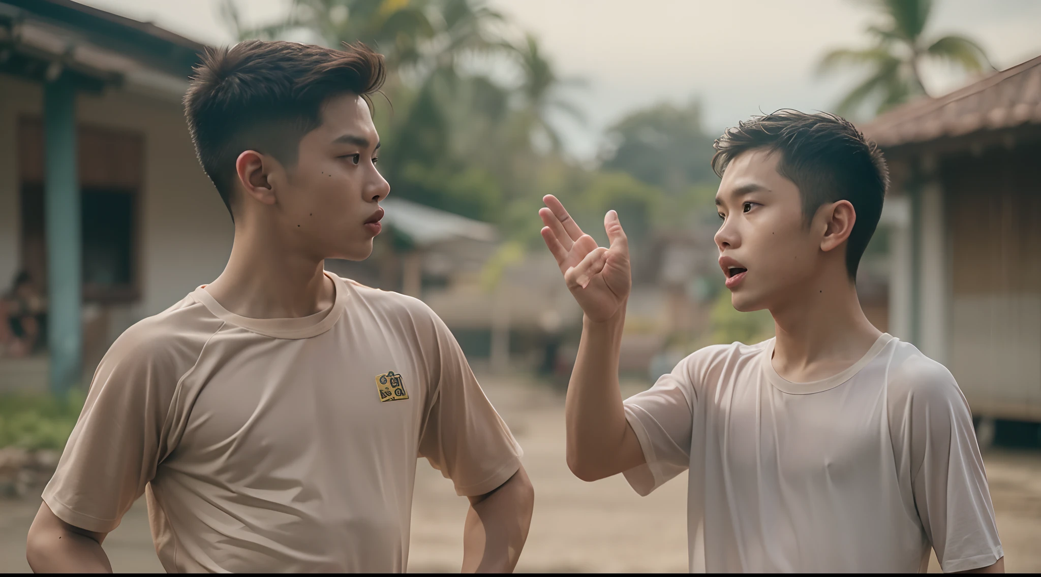 a film still of 2 young malay boy in sport attire having an argument in malay village, raise hand, photo taken using Panavision DXL2, 28mm lens, Establishing shot, muted color grading, cinemascope, drama, high quality, ultra detailed, 8k resolution,
