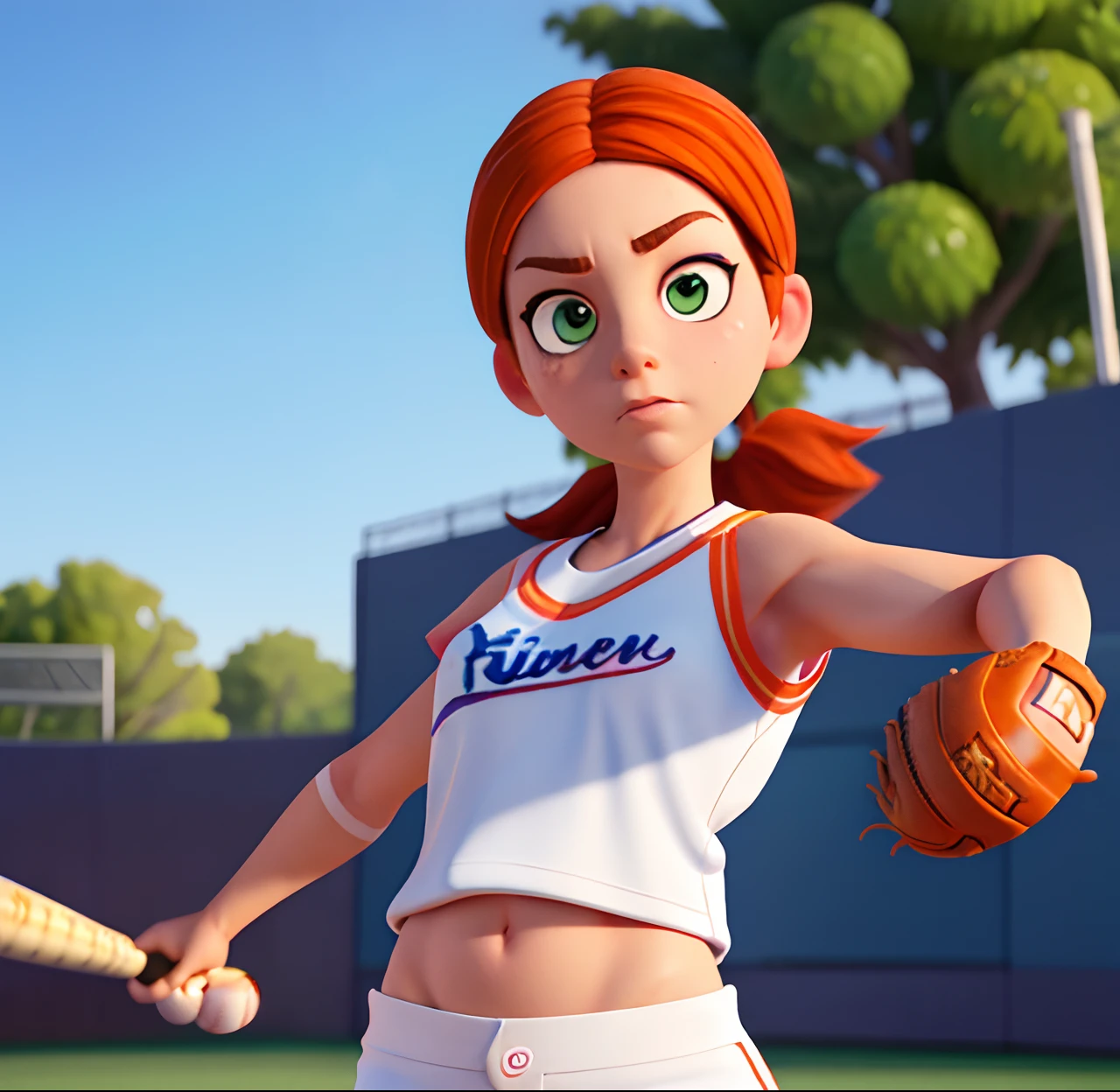 Masterpiece, (watercolor:1.3), (short stack:1.1), forward facing, eyes on camera, serious expression, (action shot:1.4) , (upper body strength:1.3), contrapposto (tattoo:1), softball pitcher, auburn hair, green eyes, (string bikini:1), pitching a softball at viewer, (focus on softball in foreground:1.4), sunny, natural lighting, High definition, excellent resolution, excellent quality, insane detail, semi realistic, postprocessed, crisp face, facial features, extremely detailed, facial features