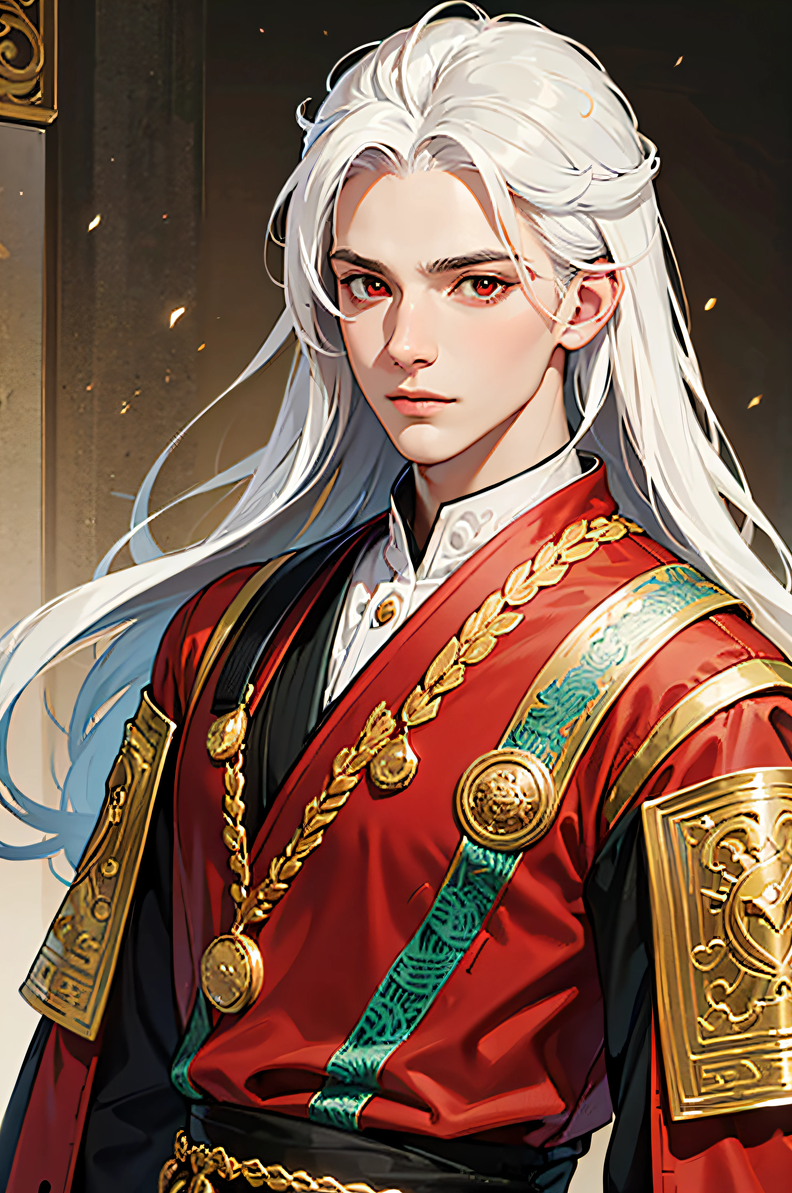 masterpiece, best quality, ultra-detailed, semi-realistic, detailed facial features, 1boy, white hair, long hair, red eyes, deer horns, dragon guy, wearing a detailed and intricate ancient battle clothes