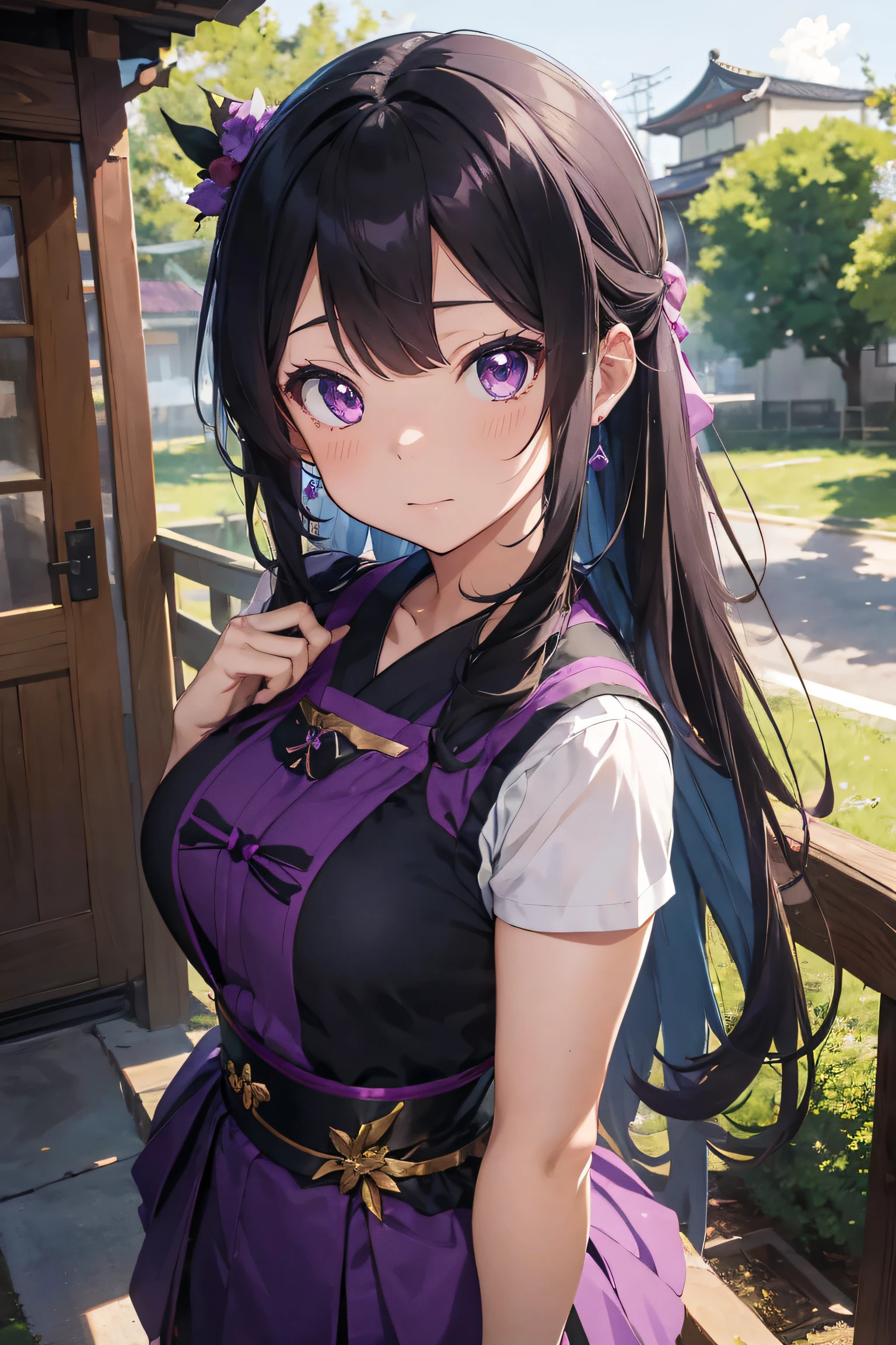 Anime girl in purple and black costume standing in front of forest, Keqing from Genshin Impact, zhongli from genshin impact, heise jinyao, Ayaka Genshin impact, anime moe art style, black-haired mage, demon slayer rui fanart, ayaka game genshin impact, Yun Ling, Inspired by Song Maojin