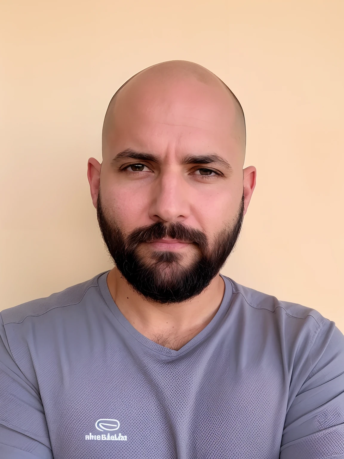 Man with beard and gray shirt is looking at camera, careca com barba curta, sem barba, with serious face expression, (38 anos), sem barba e bigode, Homem de 4 0 anos, 3 2 anos, com uma barba pequena, an afghan male type, sem cabelo, completamente careca;, 38 anos