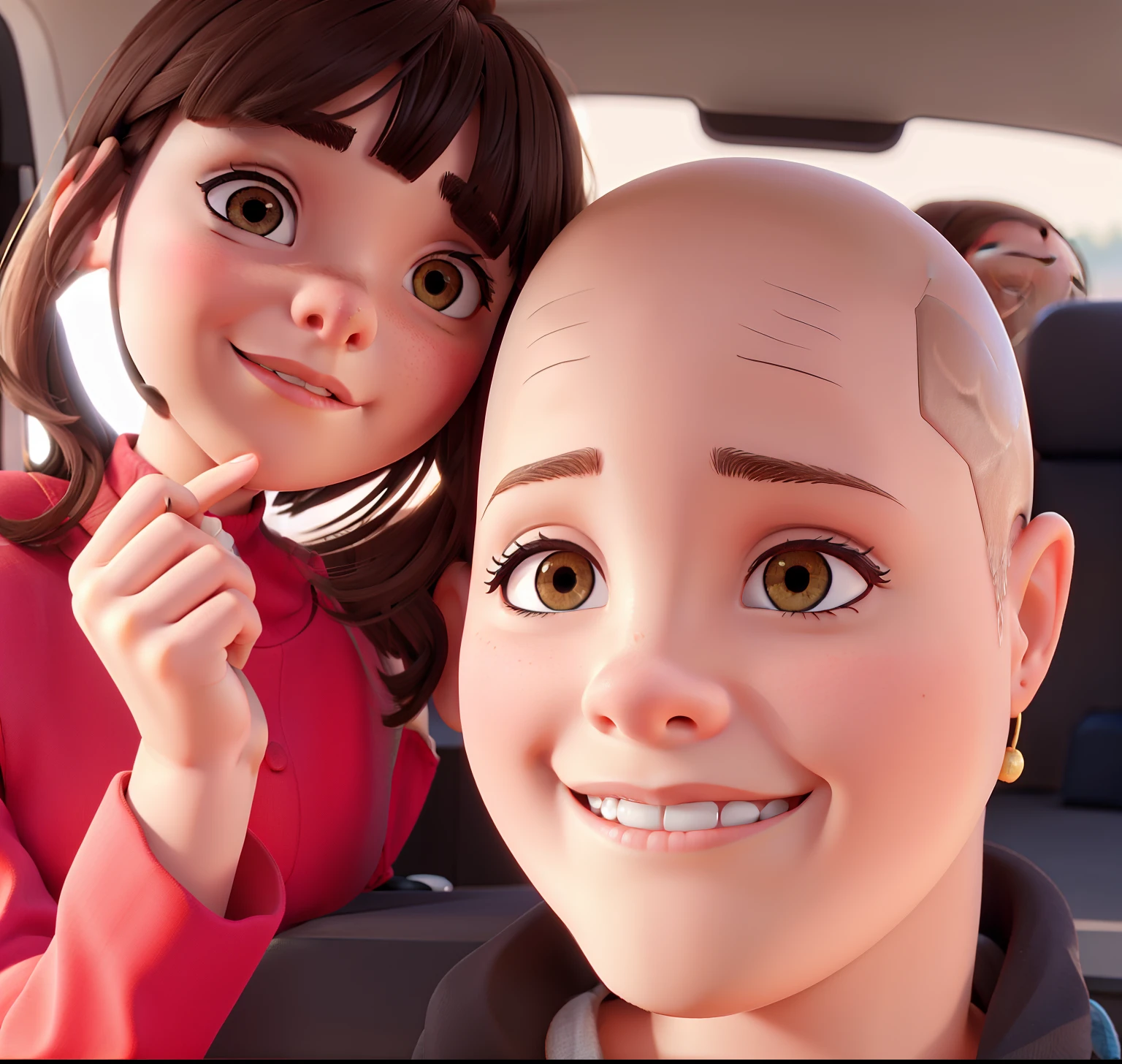 Bald woman and child brown hair and bangs, alta qualidade
