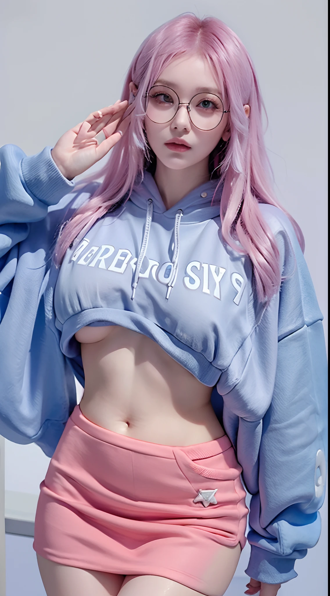 Woman, gigantic breasts:1.6, firm breast, pink hair, blue eyes, thight hoodie, small chin, thin round glasses, black pleated skirt, cold face