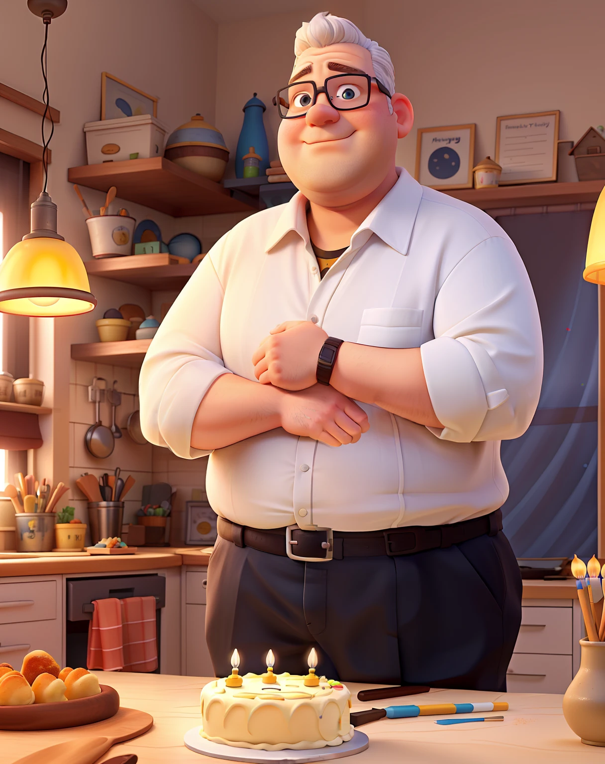 A white fat man with eyes glasses man standing in front, illuminated by the light of a lamp, against the backdrop of a kitchen he is decorating a birthday cake he is painting the cake
