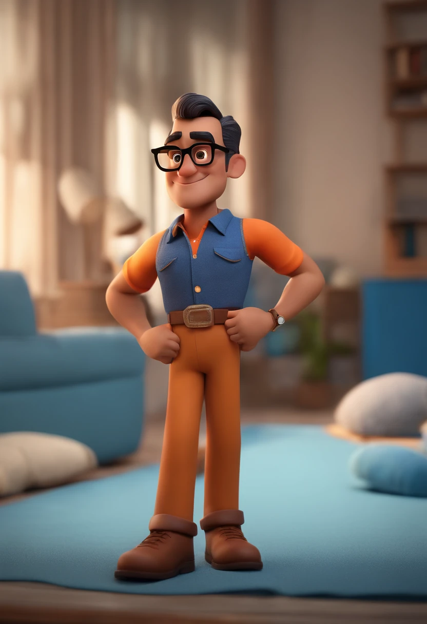 Cartoon character of a man wearing black glasses and a blue shirt, um personagem animado, Caractere estilizado, animation style rendering, 3D estilizado, Arnold Maya render, 3 d render stylized, toon render keyshot, Personagem 3D, Personagem 3D, 3d rendering stylized, 3 d character render, personagem de desenho animado, Personagem de close up, Pose de personagem, (Estilo Pixar) (master part:1.2) (Bokeh) (best quality) (pele detalhada) (textura detalhada) (8k) (argila) (Cinematic lighting) (foco nítido,Senta e vaza a parte superior do corpo