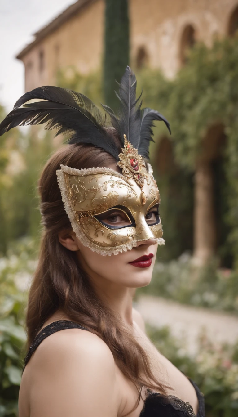 Full face Venetian masquerade mask. A female with a sphere, in a garden, with a building in the background.