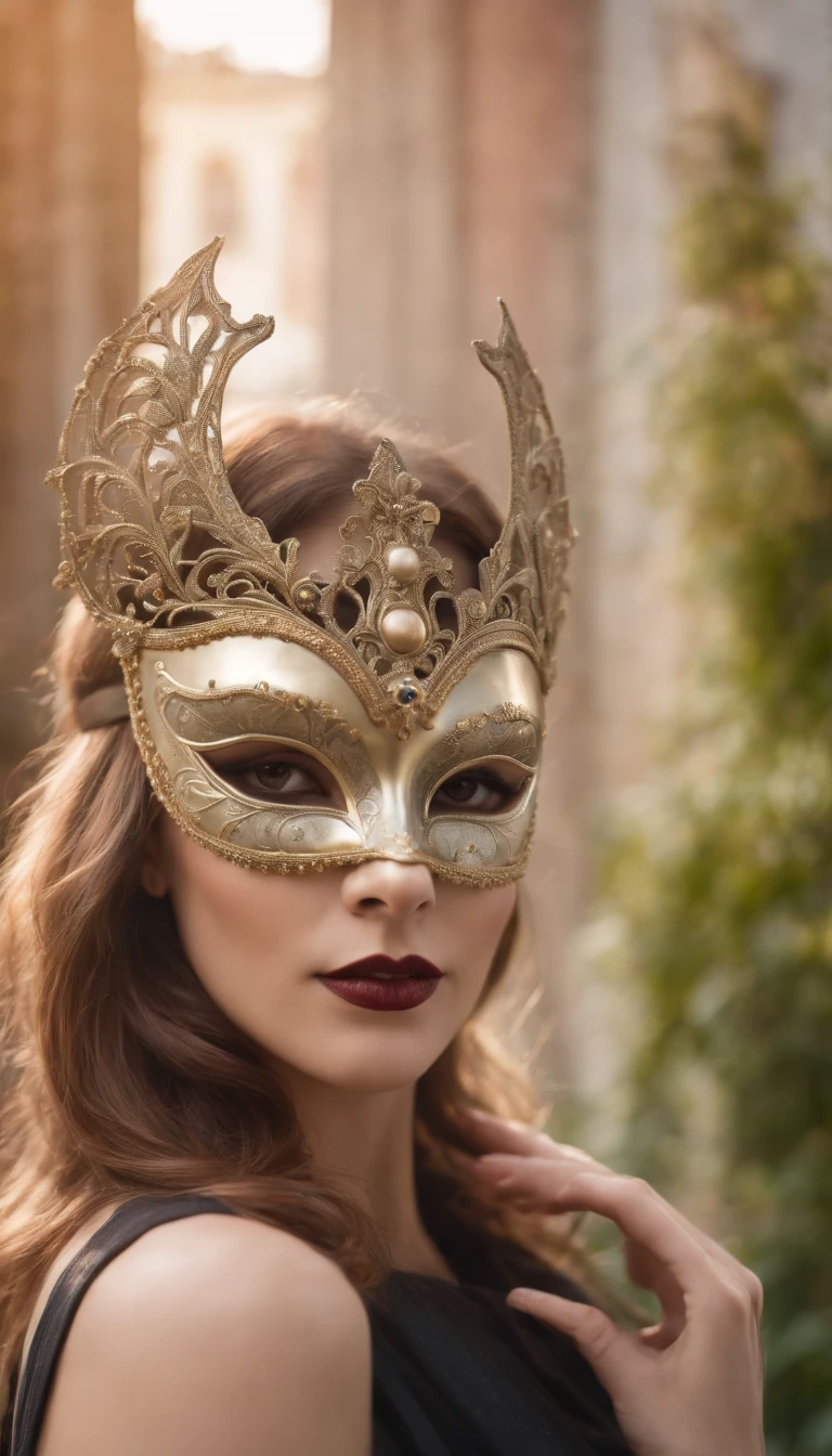 Full face Venetian masquerade mask. A female with a sphere, in a garden, with a building in the background.