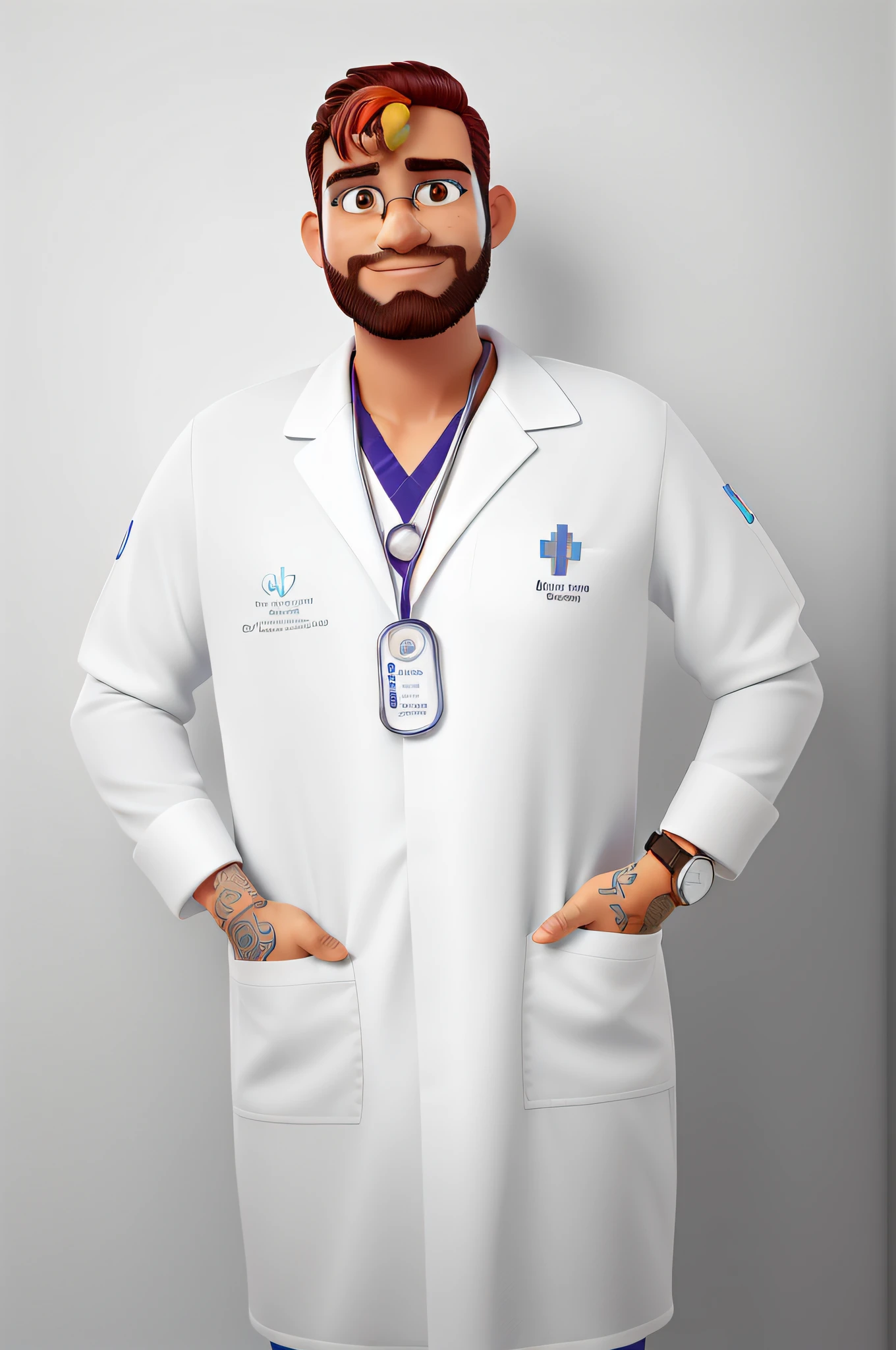 Um homem moreno, medico, com pulseira ouro, watch, jaleco, cabelo curto e barbar, com um fundo de estante, no fundo com produtos de cabelos, shampoo, condicionadores parado na frente, iluminado pela luz de uma lustre chique de uma clinica.