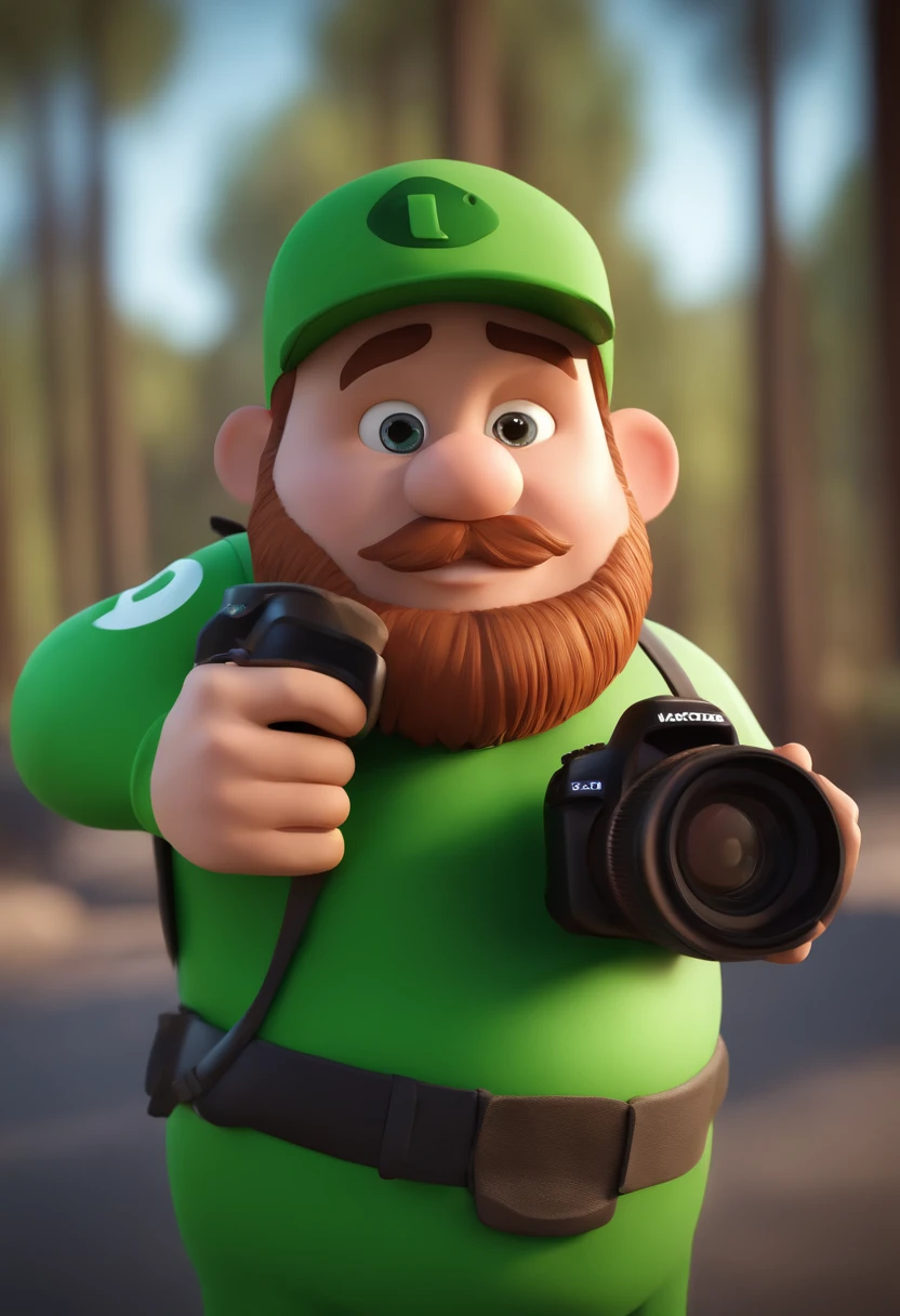 Cartoon character of a bearded fat man wearing black cap and a green shirt holding a camera, um personagem animado, Caractere estilizado, animation style rendering, 3D estilizado, Arnold Maya render, 3 d render stylized, toon render keyshot, Personagem 3D, Personagem 3D, 3d rendering stylized, 3 d character render, personagem de desenho animado, Personagem de close up, Pose de personagem, (Estilo Pixar) (master part:1.2) (Bokeh) (best quality) (pele detalhada) (textura detalhada) (8k) (argila) (Cinematic lighting) (foco nítido,Senta e vaza a parte superior do corpo