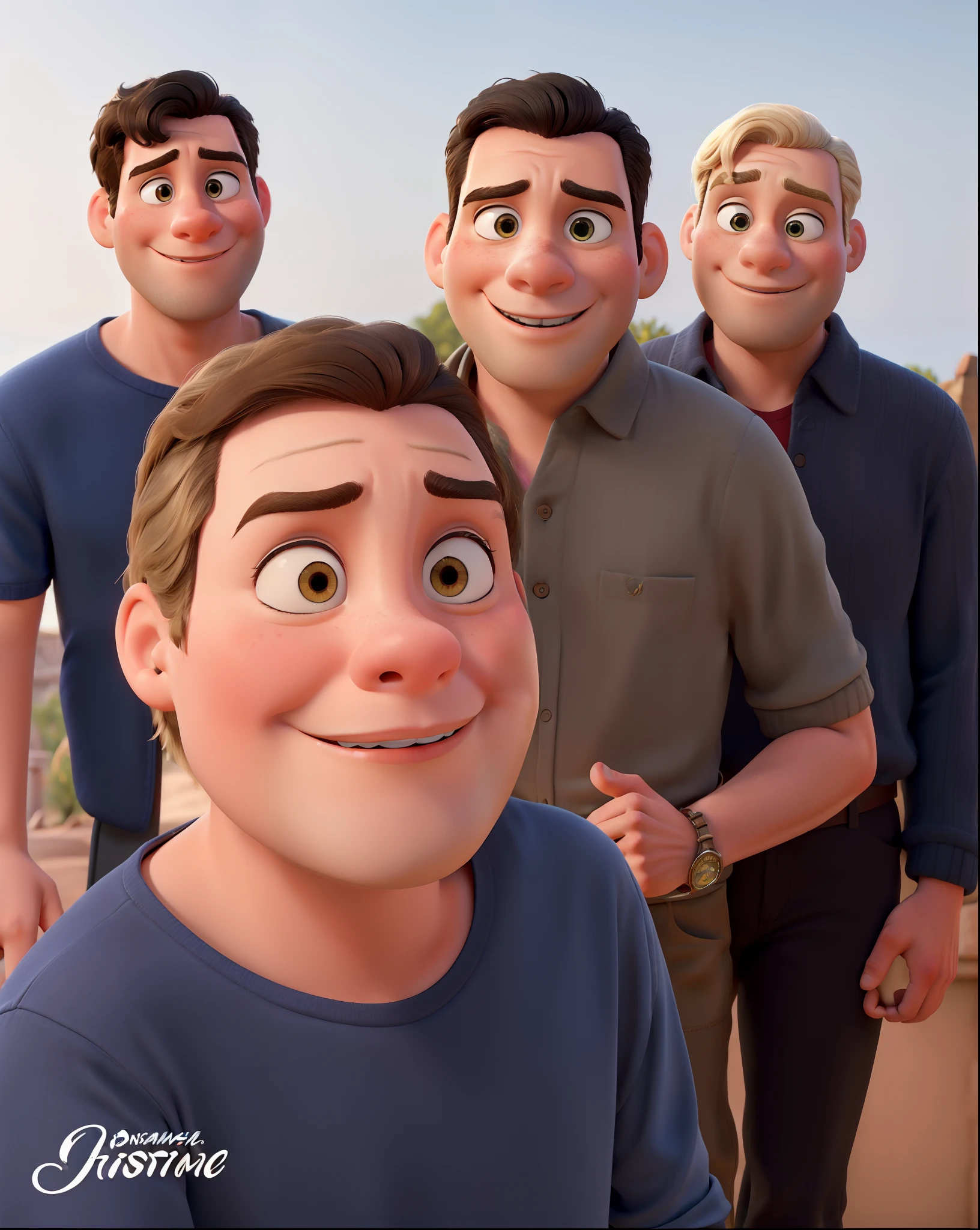 Obra-prima ao estilo Disney/Pixar in high quality and high resolution. The woman in the front is blonde and the man has black hair.