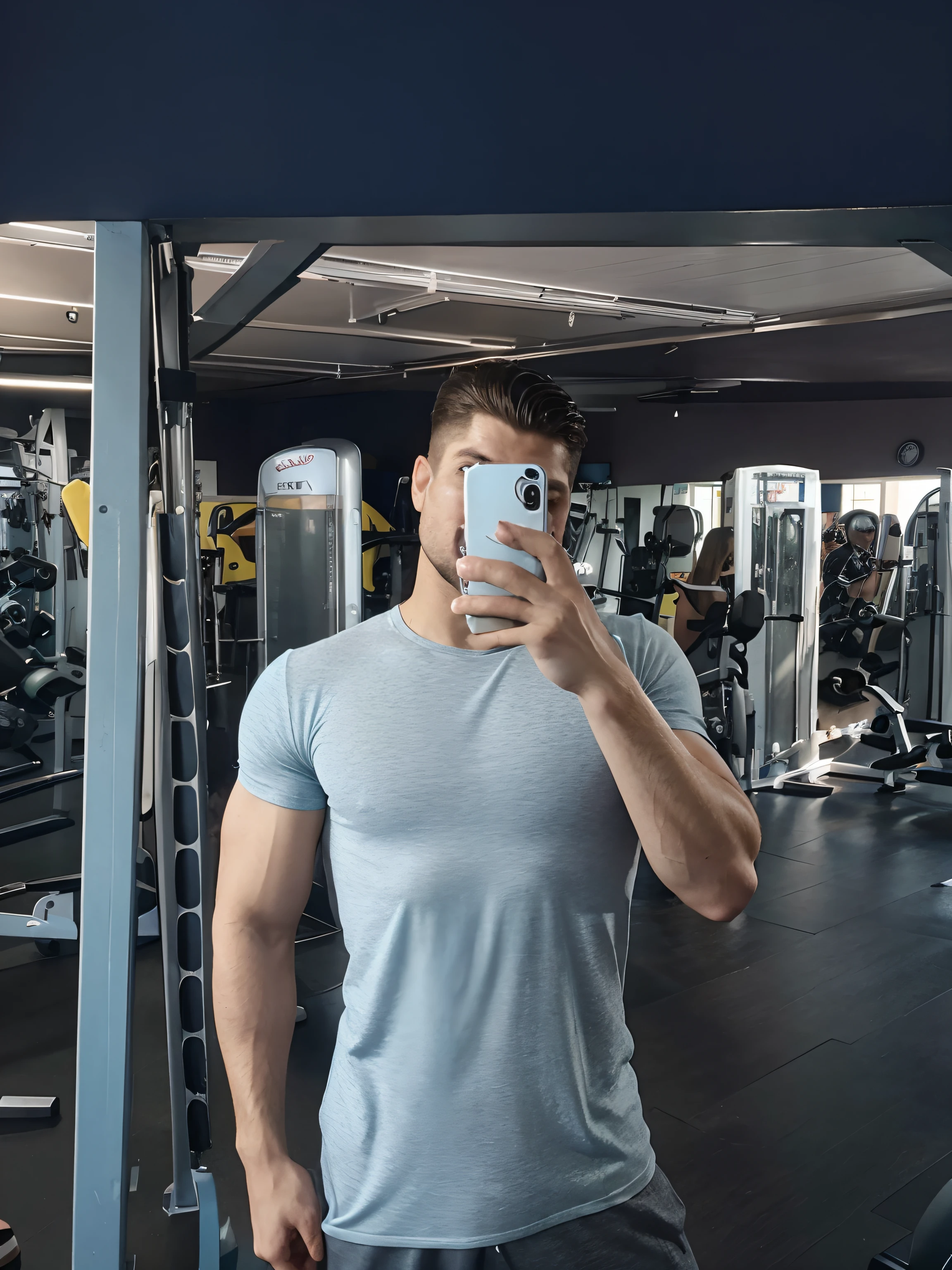 Poster no estilo Disney pixar, alta qualidade, melhor qualidade, homem sexy moreno, 22 anos, cabelo cacheado, musculoso camisa cinza, Turning the phone to the camera at the gym