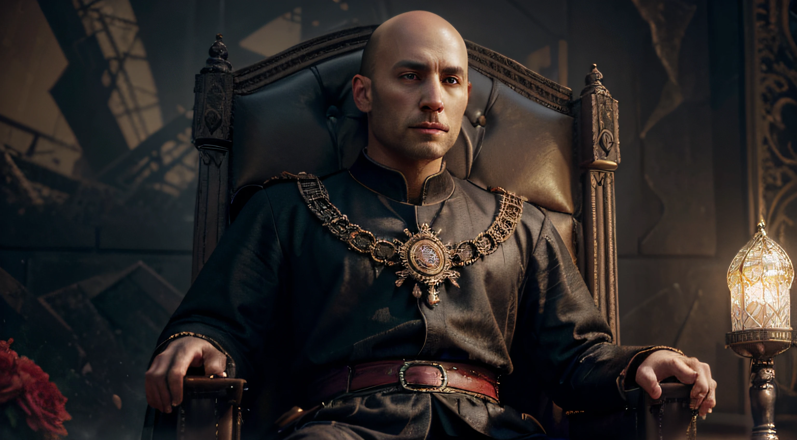 (bald, handsome, sitting on a throne),(3D),(oil painting),(vibrant colors),(moody atmosphere),(highly detailed),(royal garments),(dramatic lighting),(imposing castle),(medieval fantasy)