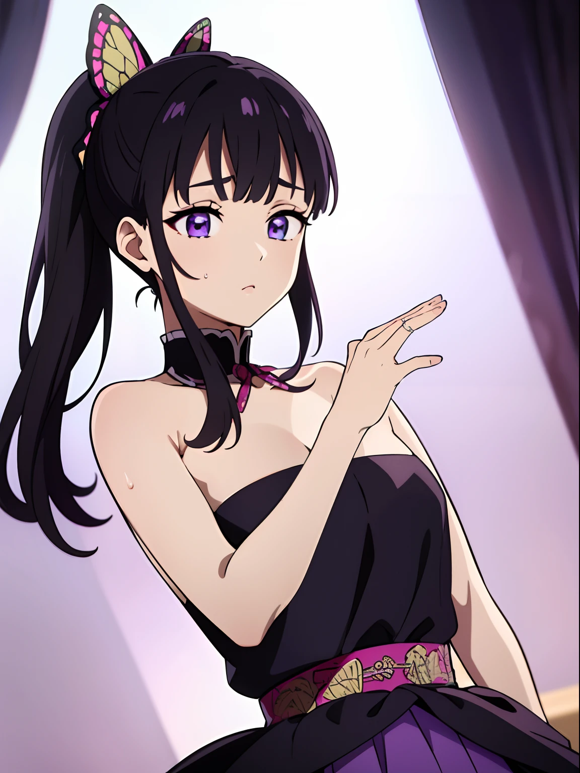 Highres, Masterpiece, Best quality at best,Best Quality,hight quality, hight detailed, kanao tsuyuri, black hair, butterfly, butterfly hair ornament, (purple eyes:1.1), side ponytail, ponytail, Strapless dress, (sweat), (armpit) best quality, high resolution, unity 8k wallpaper, (illustration:0.8), (beautiful detailed eyes:1.6), extremely detailed face, perfect lighting, extremely detailed CG, (perfect hands, perfect anatomy),