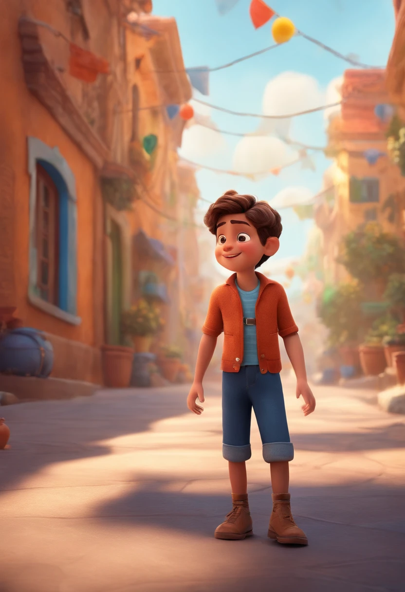 Image of a boy for a story in a YouTube video in Pixar format, He's the little allabester, He's the class leader, He's outgoing, Playful and gets up for a lot of things, cabelo curto
