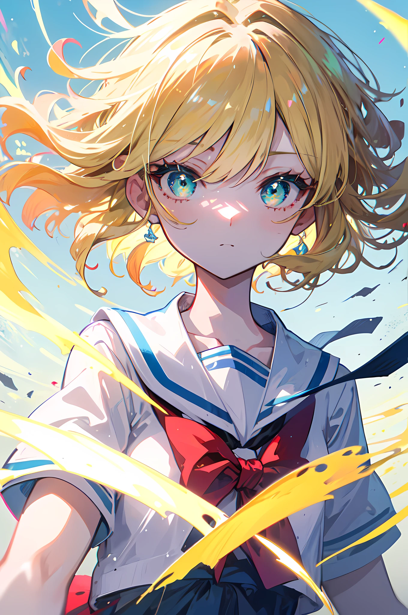 (masterpiece, highest quality, highres, intricate details, 1girl), slightly short blonde hair, curly blonde hair, green eyes, perfect body, japanese school uniform, sailor uniform, perfect face, cell shaded anime, artisitic, vibrant, aesthetic, professional anime art, doki doki literature club style, beautiful eyes, detailed eyes, cowboy shot