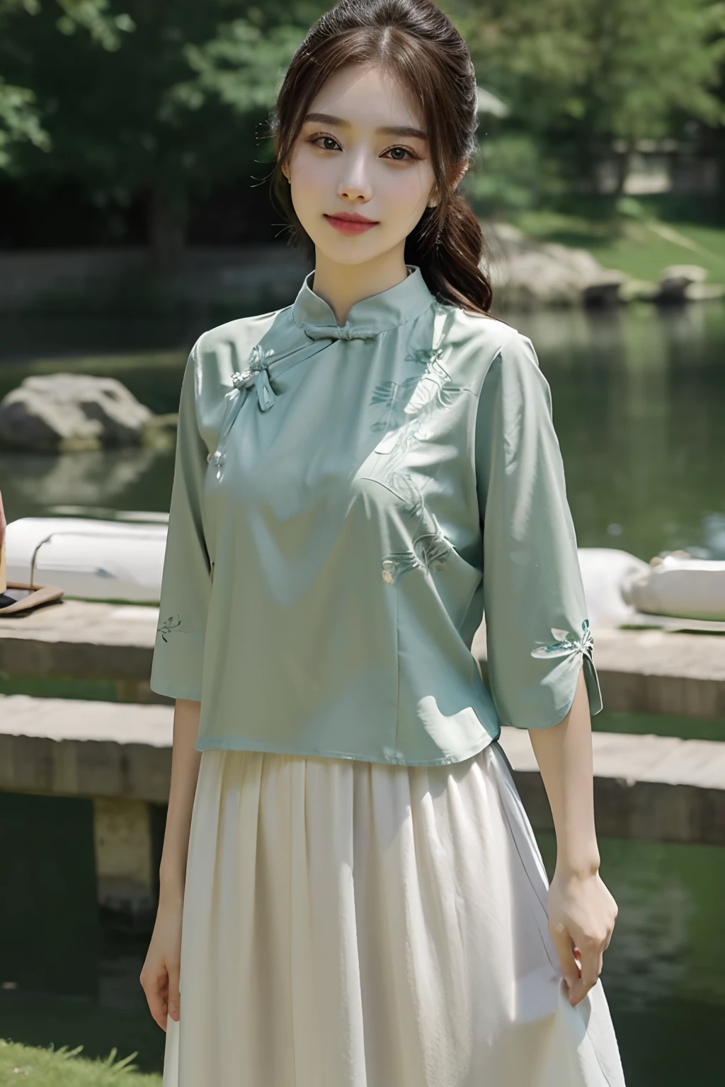 (Green printed Chinese shirt),(a white long skirt),The upper part of the body , Portrait of a woman standing , Willow branches, (Masterpiece, Best quality:1.2), (Toothy smile), Sexy look,facing at camera,best qualtiy,超高分辨率,(realisticlying:1.5),RAW photogr,1girll,详细的脸, Delicate eyes, , Glossy lips, perfect bodies, Brown hair、poneyTail
