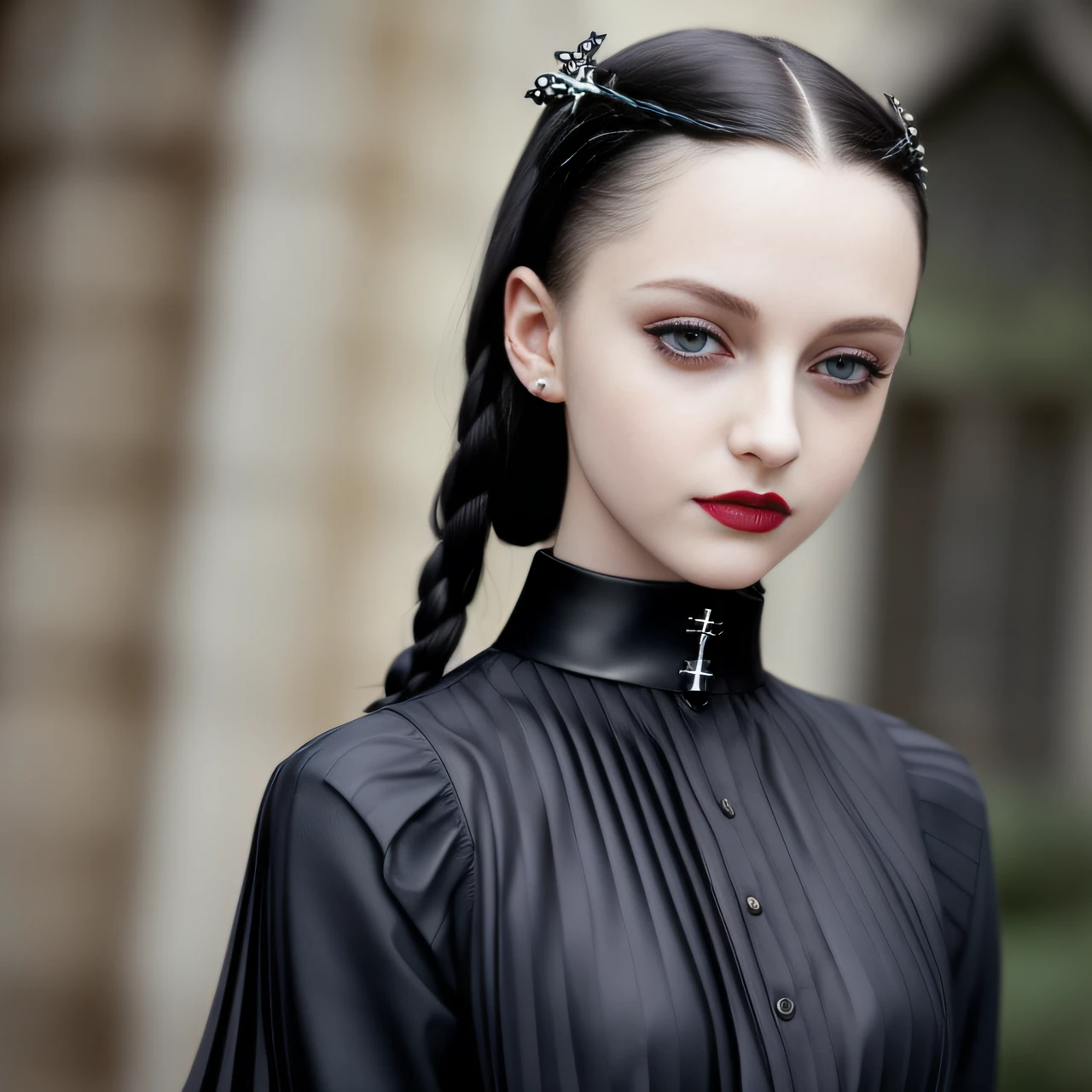 young slim 1girl, (Wednesday Addams:1.2), (photorealistic:1.4), Gothic makeup, sexy pose, (neckline), (pleated very short skirt:1.5), silver buckle belt, (straps and spikes), leather boots, small chest, small waist, looking at the camera, beautiful symmetrical face, (puffy eyes, black pupils white sclera), (detailed face and eyes++:1.3), (detailed hands:1.2), (detailed mouth:1.2), (detailed lips:1.2), (detailed hairs++:1.3), (pale skin:1.1), one earring with cross, smiling, happy, soft lighting, high quality,  film grain, Fujifilm XT3, insanely detailed, intricate, 4k, realistic shadows, [gray light]