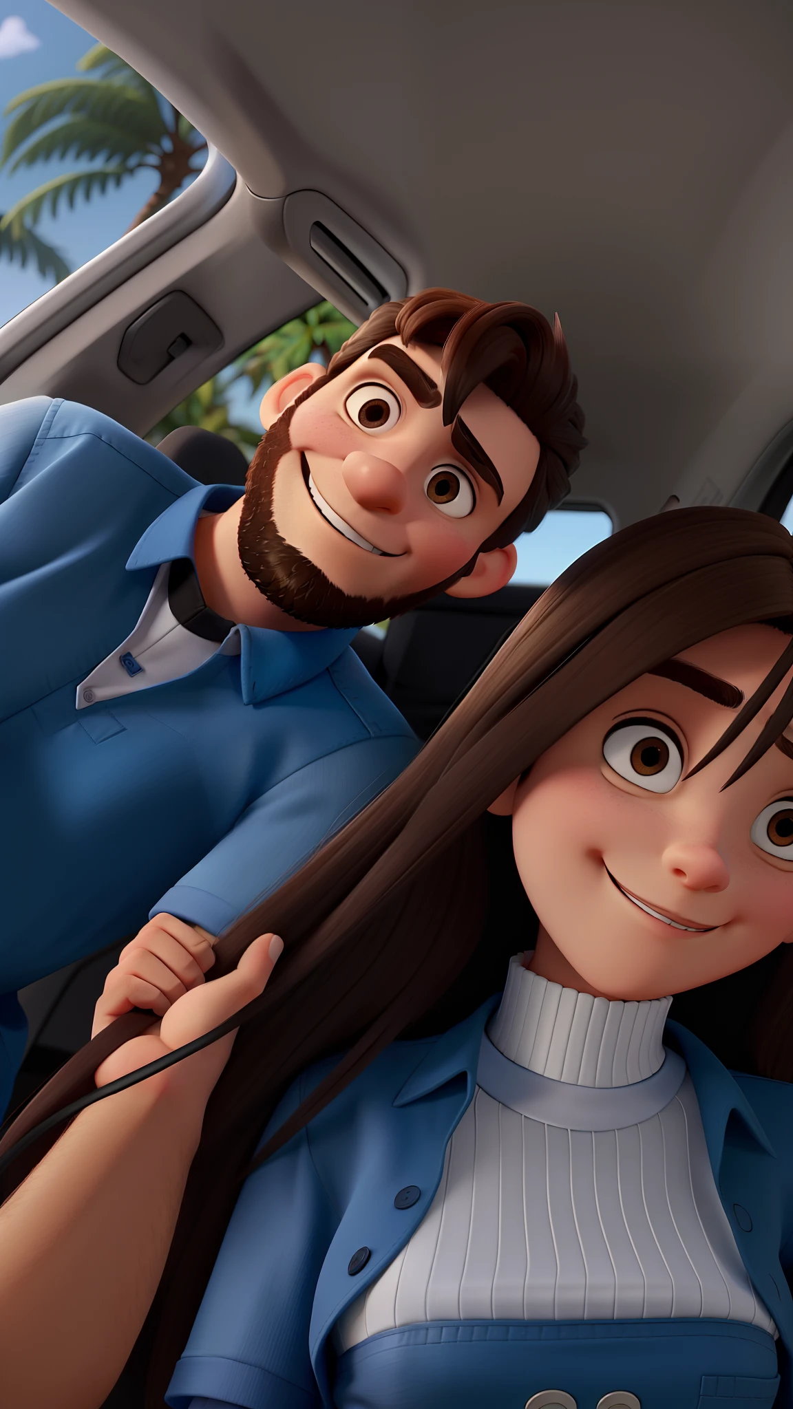 casal, homem de barba, blusa preta e mulher de franja, cabelo longo, White blouse with neck collar, segurando o celular pra bater foto no carro estilo Disney Pixar, alta qualidade, melhor qualidade