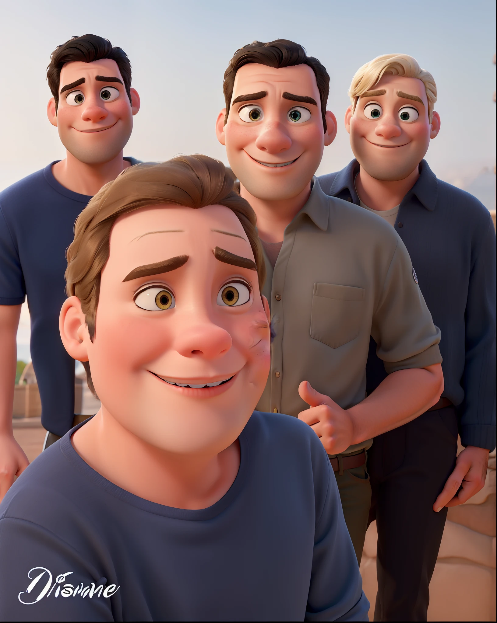 Obra-prima ao estilo Disney/Pixar in high quality and high resolution. The woman in the front is blonde and the man has black hair.