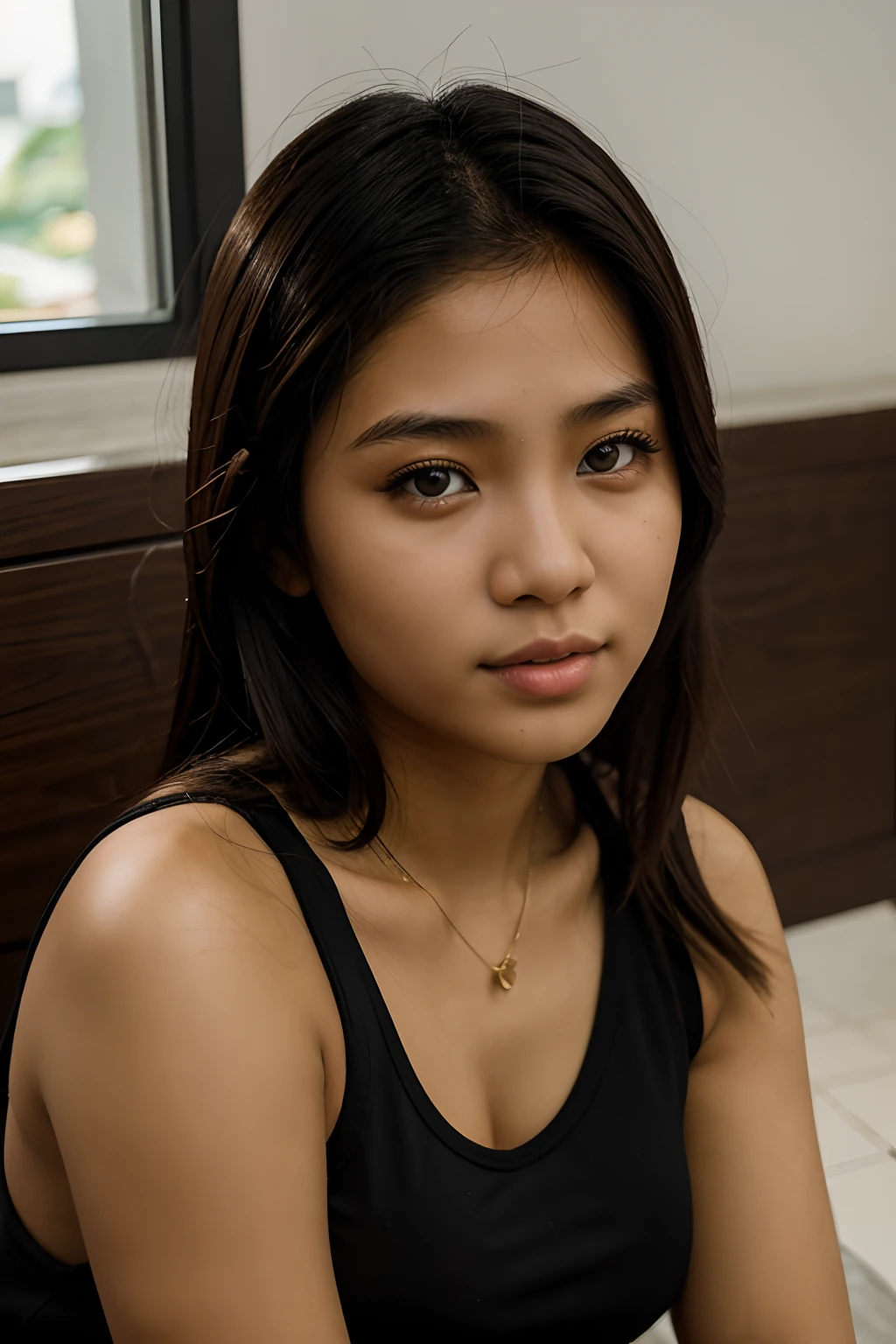a girl from (Philippines), 18 years old, portrait, high quality, highly detailed, aesthetic, tank top, sexy, beautiful