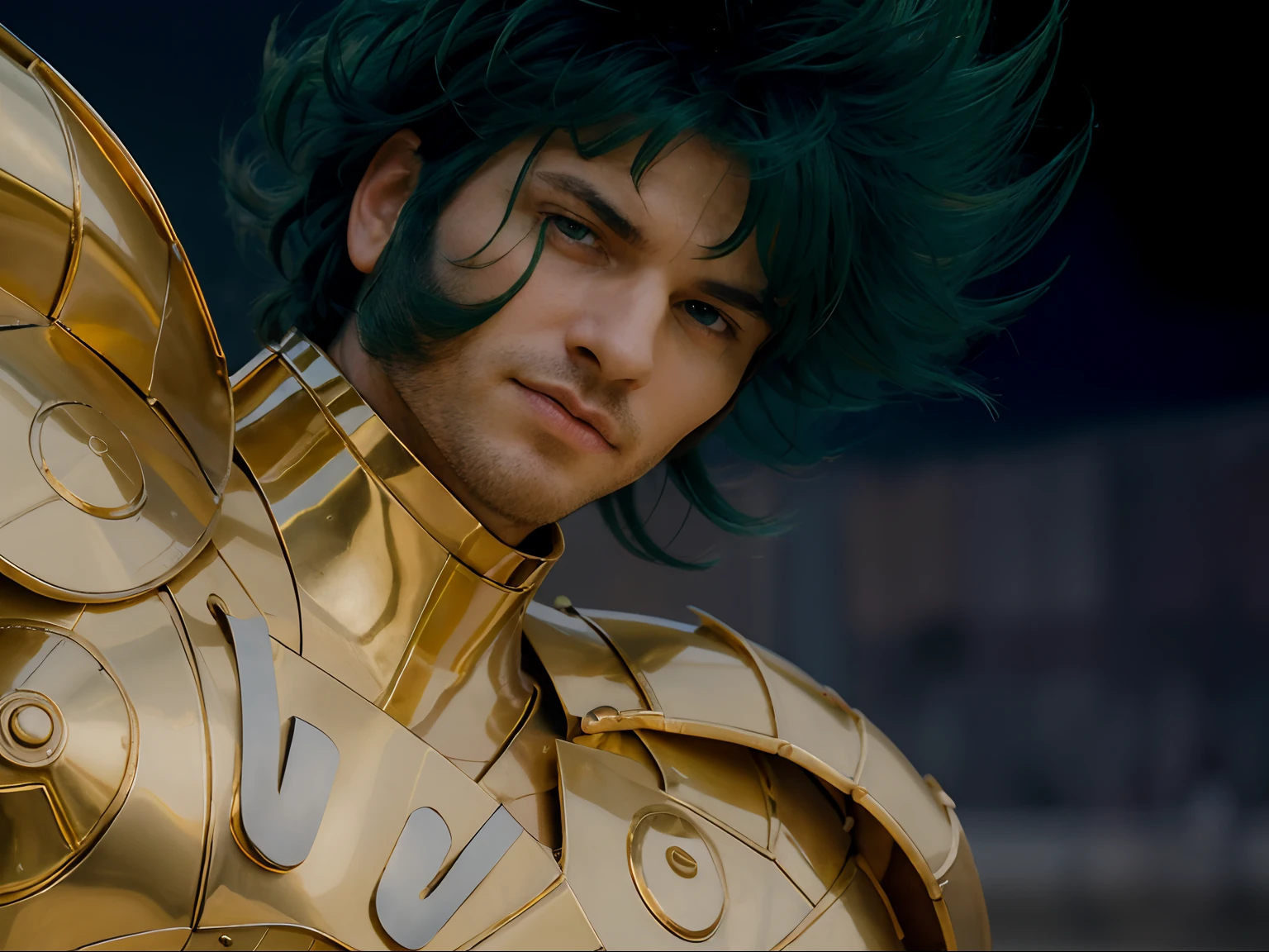 (masterpiece), (realistic) low angle, close up portrait of an man, (male), 30 years old, spanish, (1boy), solo, serious, looking at viewer, wearing an medieval armor, (full body armor), (golden armor), chrome gold, (detailed armor), (ornate armor), dark green hair, (hair blowing in wind), (hair chops), upper body, night and stars background, sharp focus, cinematic lighting, ((beardless)) ((perfect big green eyes)).