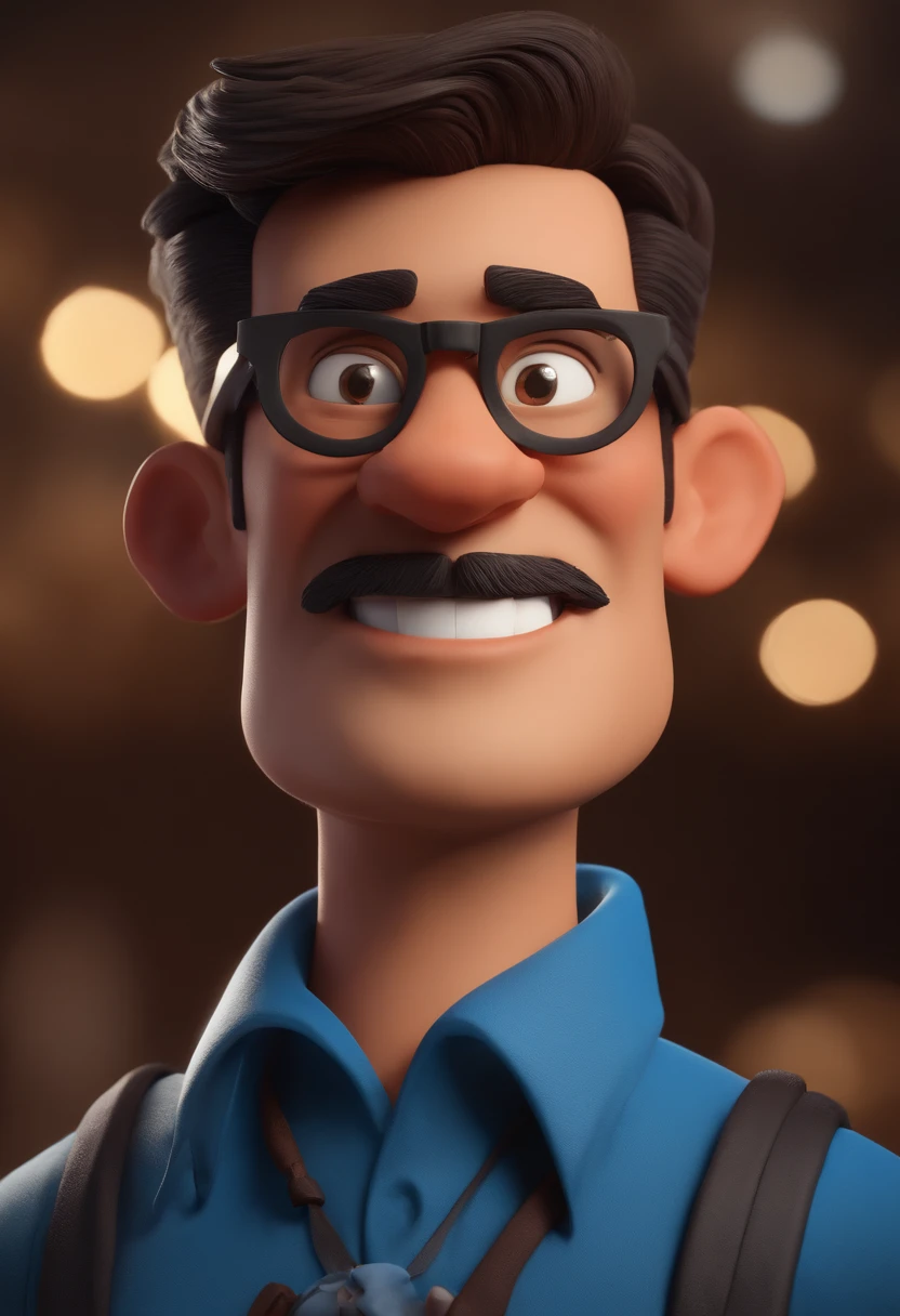 Cartoon character of a man with black glasses and a blue shirt, barba vermelha, animation character, Caractere estilizado, animation style rendering, 3D estilizado, Arnold Maya render, 3 d render stylized, toon render keyshot, Personagem 3D, Personagem 3D, 3d rendering stylized, 3 d character render, personagem de desenho animado, Personagem de close up, Pose de personagem, (Estilo Pixar) (master part:1.2) (Bokeh) (best quality) (pele detalhada) (textura detalhada) (8k) (argila) (Cinematic lighting) (foco nítido