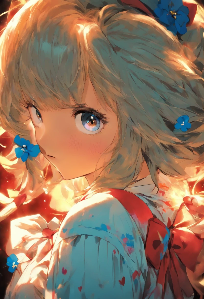 1girl, bandaid, bandaid on cheek, bandaid on face, black background, blue flower, blue rose, bow, closed mouth, collared shirt, fingernails, flower, grey hair, hair flower, hair ornament, hand up, long hair, looking at viewer, neck ribbon, parted bangs, red eyes, ribbon, rose, shirt, solo, upper body, white shirt, yellow ribbon