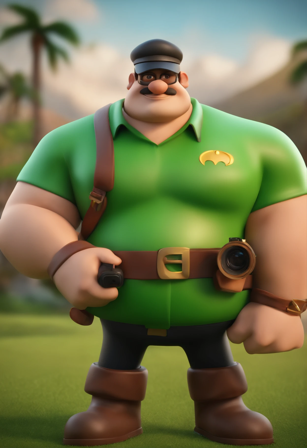 Cartoon character of a bearded fat man wearing black cap and a green shirt holding a camera, um personagem animado, Caractere estilizado, animation style rendering, 3D estilizado, Arnold Maya render, 3 d render stylized, toon render keyshot, Personagem 3D, Personagem 3D, 3d rendering stylized, 3 d character render, personagem de desenho animado, Personagem de close up, Pose de personagem, (Estilo Pixar) (master part:1.2) (Bokeh) (best quality) (pele detalhada) (textura detalhada) (8k) (argila) (Cinematic lighting) (foco nítido,Senta e vaza a parte superior do corpo