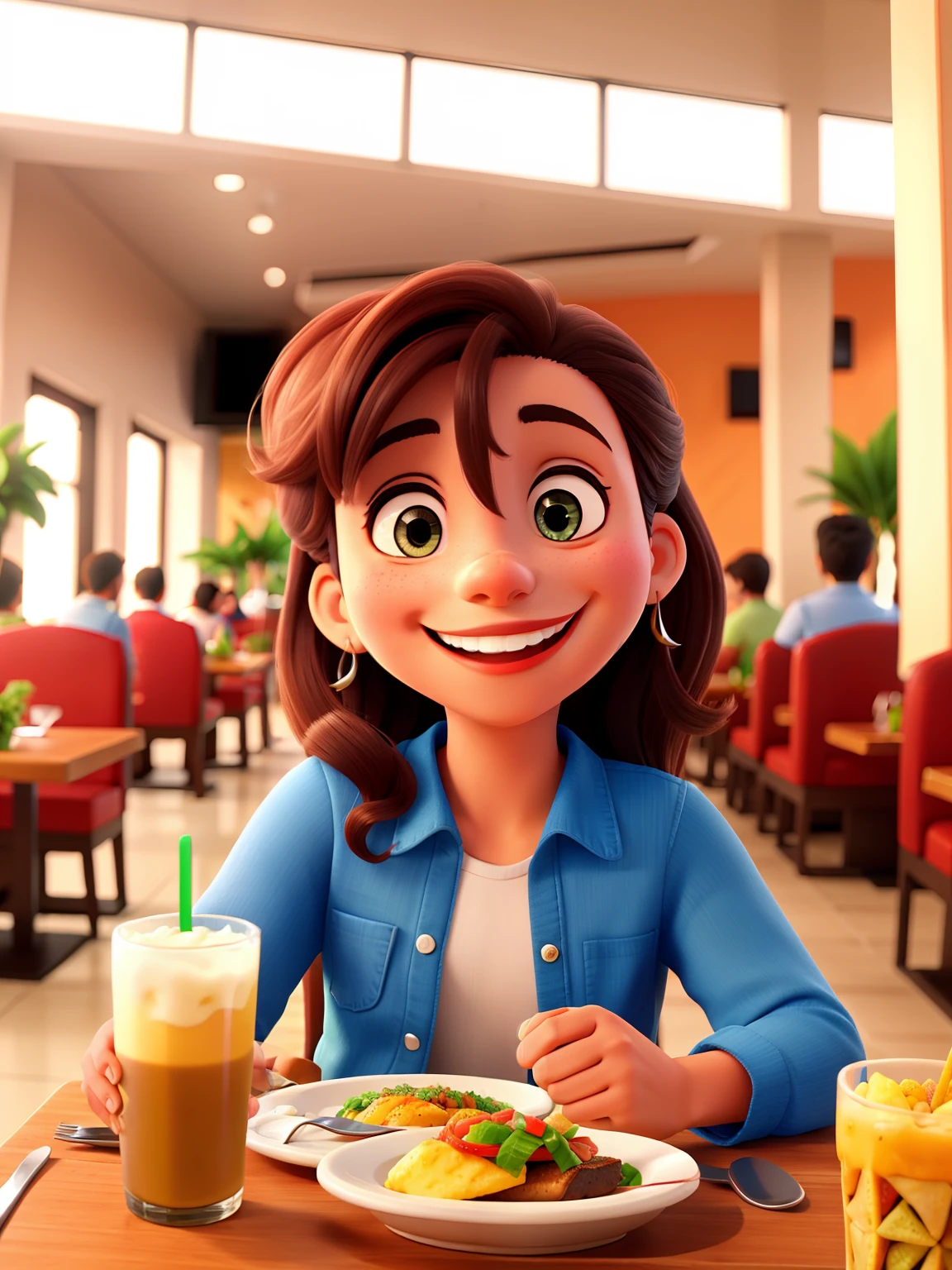 Sorrindo muito em um restaurante