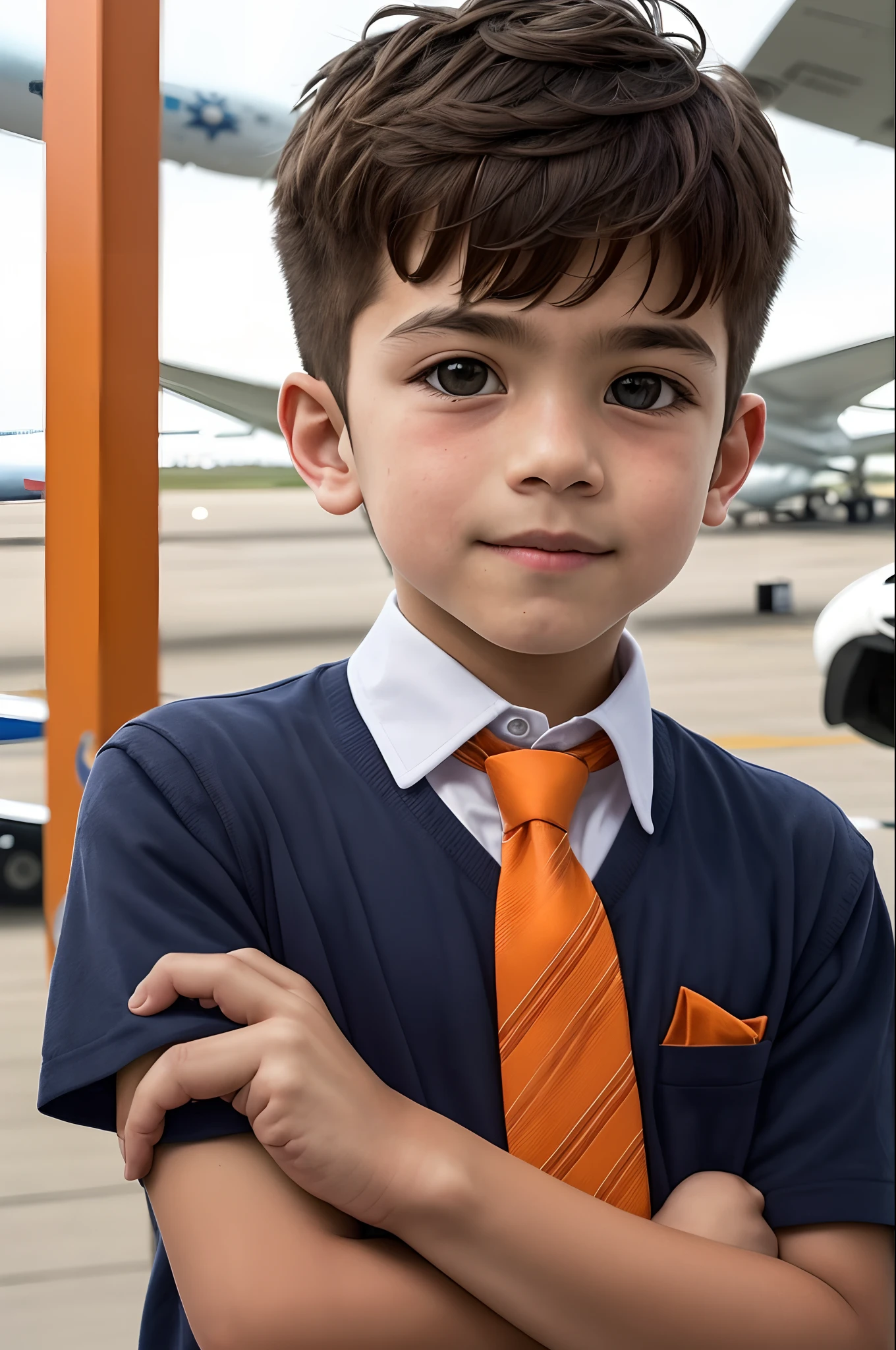 Photo of a boy in an orange tie with his arm crossed , Boy got a beard just on his chin , In the background of the photo there are planes at the airport