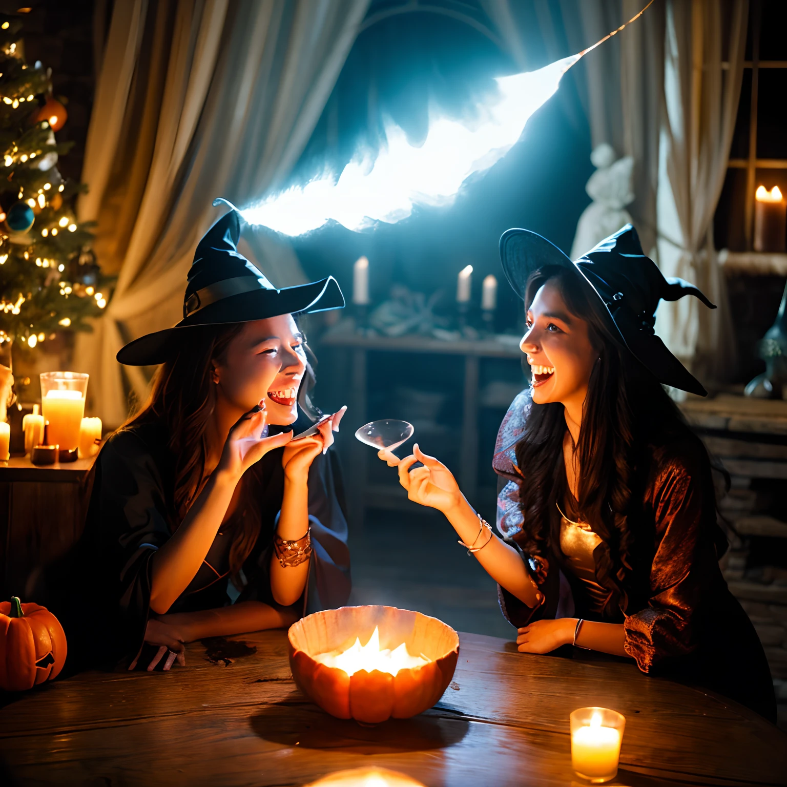 A witch communicates with a spirit, cauldron, Potion, realistness, The atmosphere of the holiday, laughter, Halloween