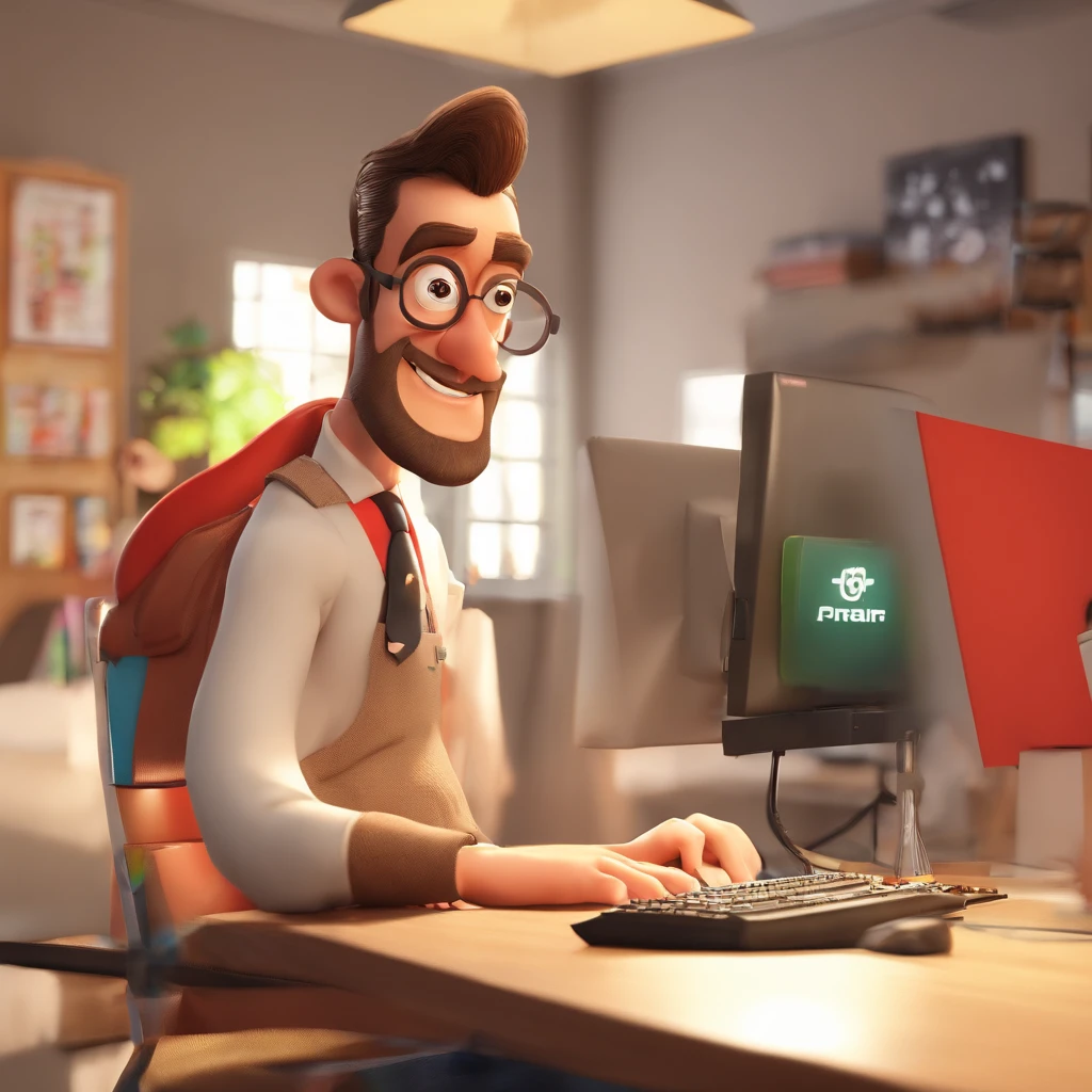 Criar um personagem no estilo Pixar. Trata-se de um homem de 30 anos, com barba, Branco, com cabelos castanhos curtos e um quiff, e olhos castanhos. Ele deve estar na frente de um computador, Trabalhar como designer