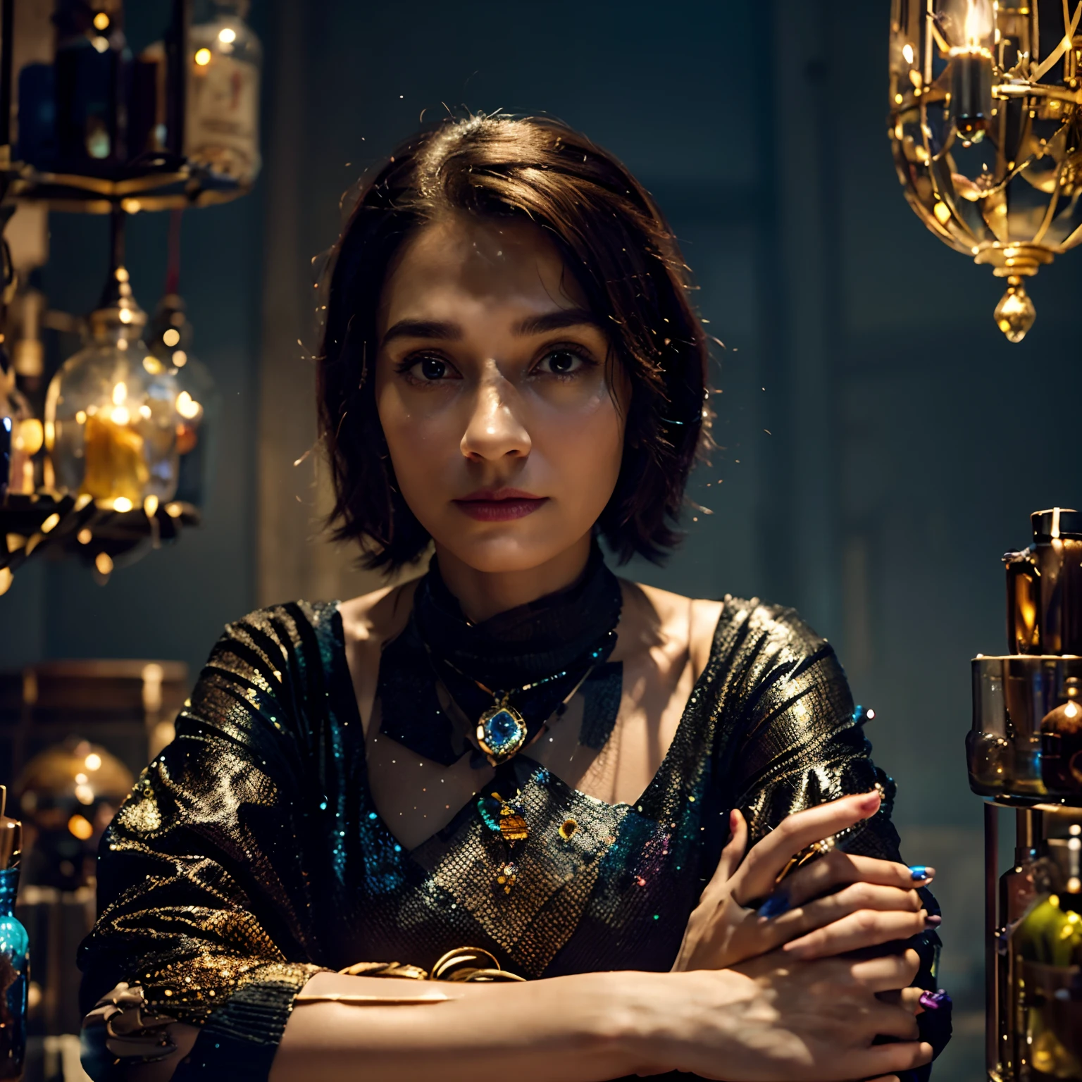 A collector of ideas inspired by Pixar animation, de perto. She is surrounded by a collection of magic vials, each containing a unique idea. The focus is on the character, with a captivating facial expression, Against a backdrop of shimmering, cores efervescentes.