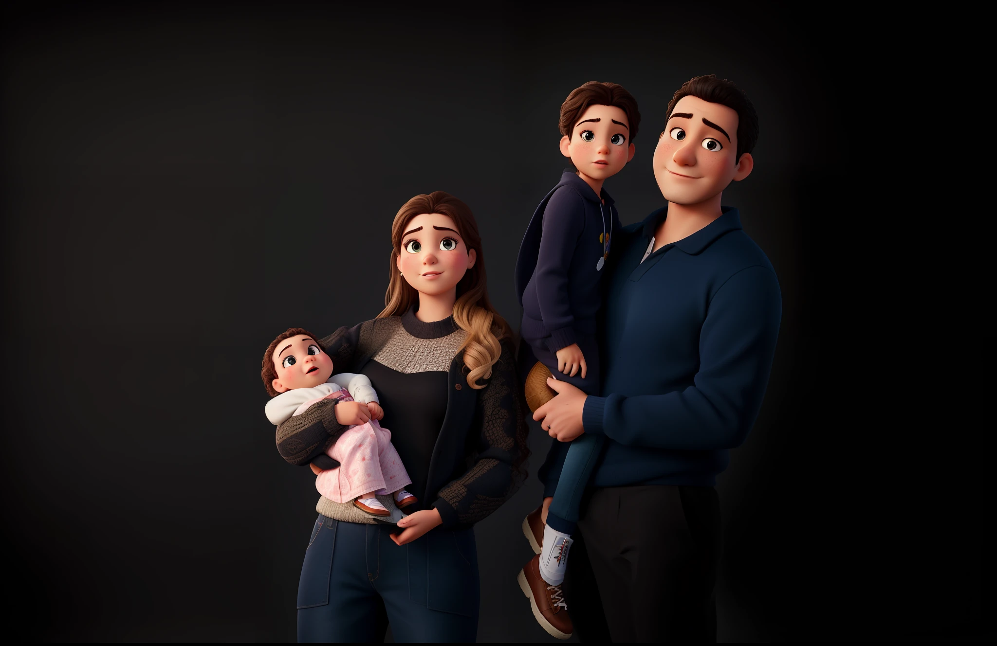 family of 3 people, an adult couple and an 8-month-old baby. The father is in the center, he is wearing dark blue coat and light blue shirt and brown pants, he is the tallest, big and strong,, full shaved bald hair and he has a medium black Viking-style beard, with light brown eyes and he has grumpy face. The father is holding the 8-month-old baby in his left arm. The eight-month-old baby has dark blond hair and big dark blue eyes, the baby is wearing light grey jumper and light brown pants and converse withe shoes and headphones blue. The mother has dark blond hair and light brown eyes, her hair tied up and a beautiful smile, she is very beautiful and elegant. She is wearing black dress, Character should be colorful and have a fun, friendly look, with exaggerated, expressive features. Pixar style.