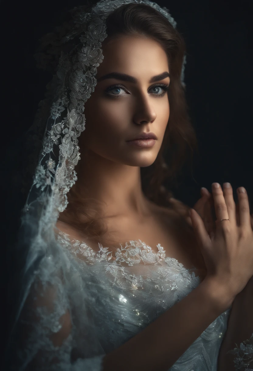 Surreal fashion photography, portrait of a woman, avant-garde fashion in translucent flowing fabrics, telephoto lens, studio lighting, 4K, Canon EOS R3 (and variations of this)